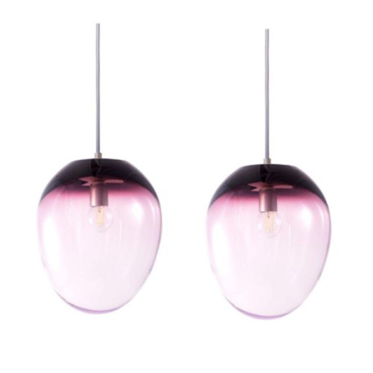 Set of 2 Planetoide Astrea Purple Iridescent pendants by Eloa.
No UL listed 
Material: Glass,Steel,Silver, LED Bulb
Dimensions: D30 x W30 x H250 cm
Also Available in different colours and dimensions.

All our lamps can be wired according to each