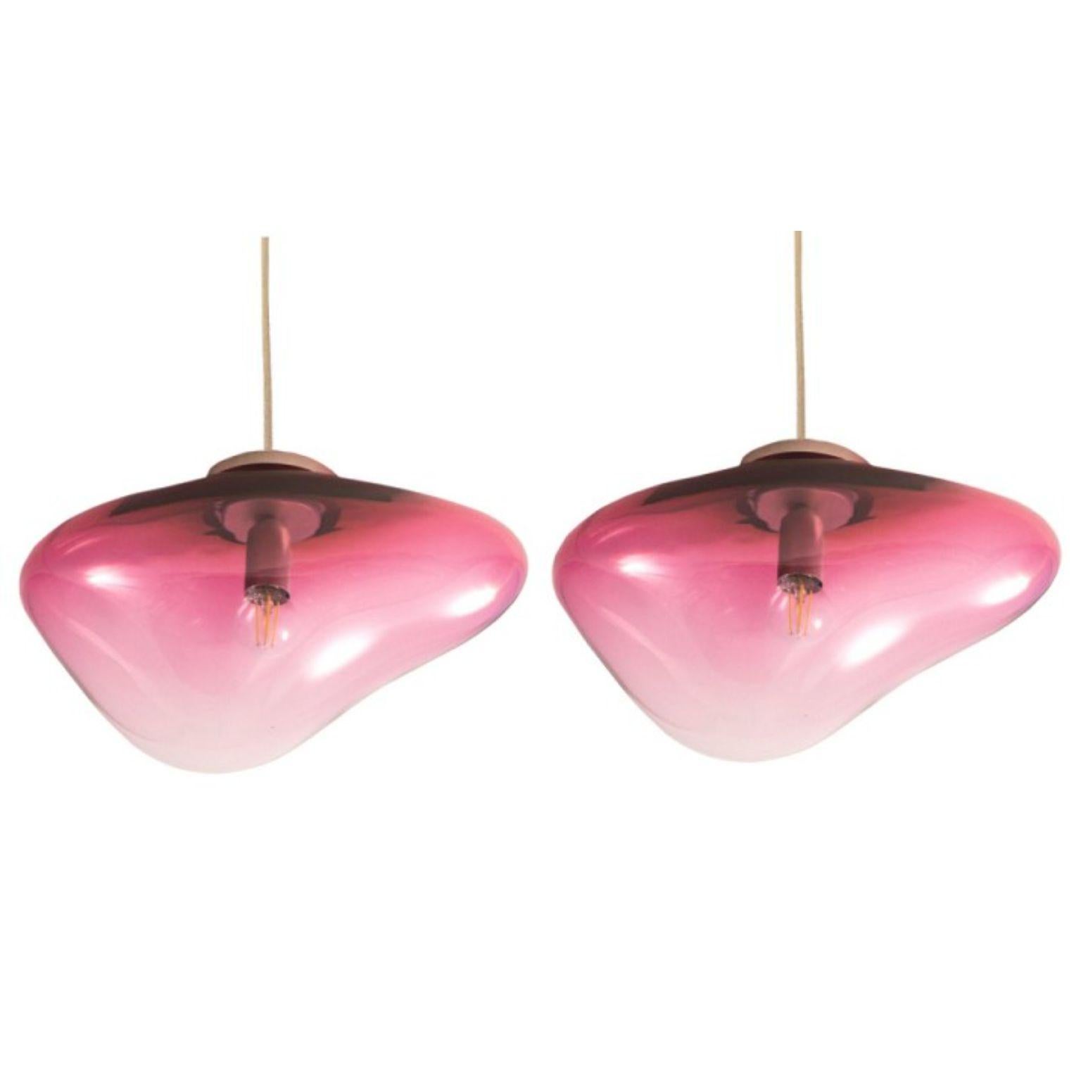Set of 2 Planetoide Erosi Brilliant ruby pendants by ELOA
No UL listed 
Material: glass, steel, silver, LED Bulb
Dimensions: D 30 x W 30 x H 250 cm
Also available in different colours and dimensions.

All our lamps can be wired according to each
