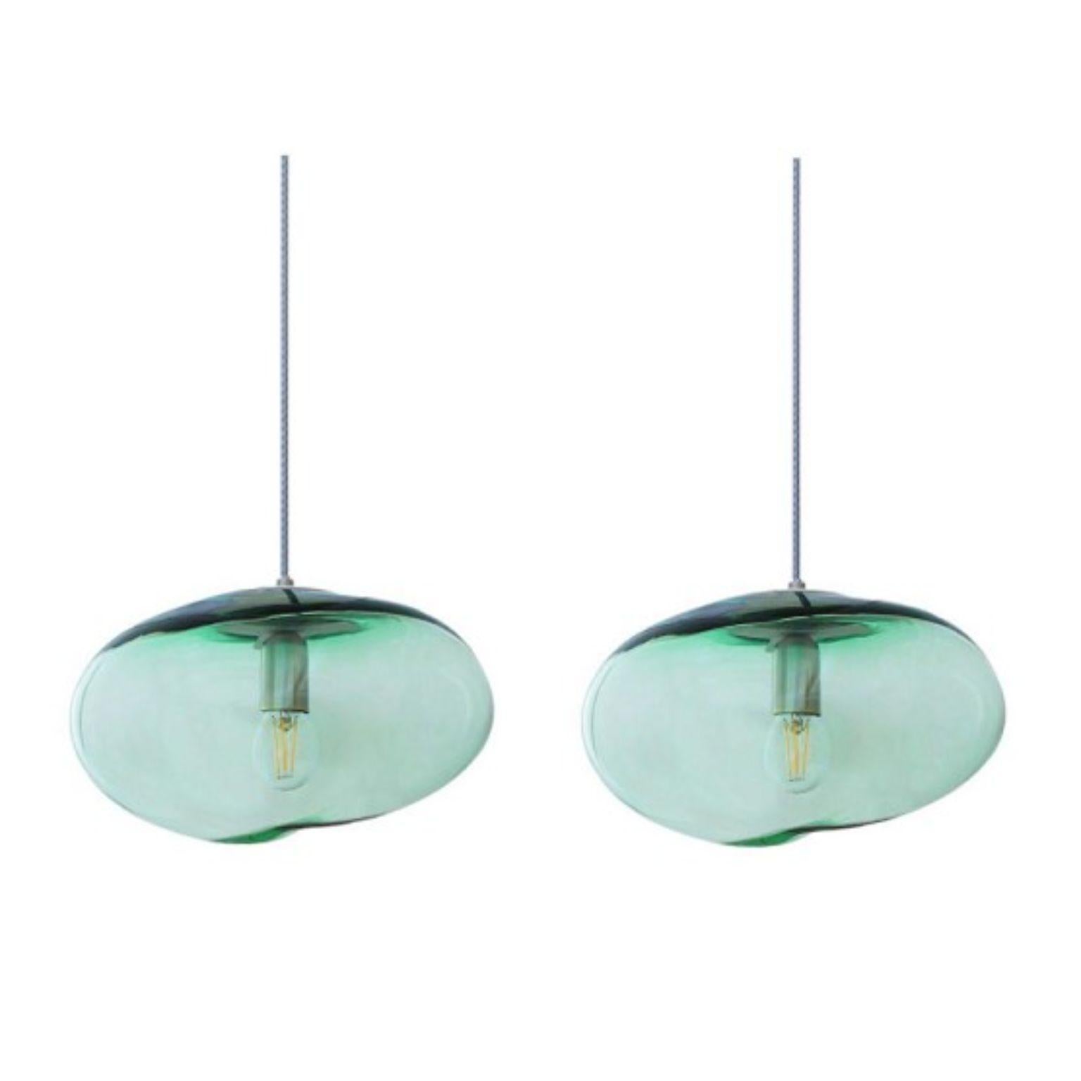 Set of 2 Planetoide green iridescent pendants by Eloa.
No UL listed 
Material: Glass, steel, silver, LED bulb
Dimensions: D30 x W30 x H250 cm
Also available in different colours and dimensions.

All our lamps can be wired according to each country.