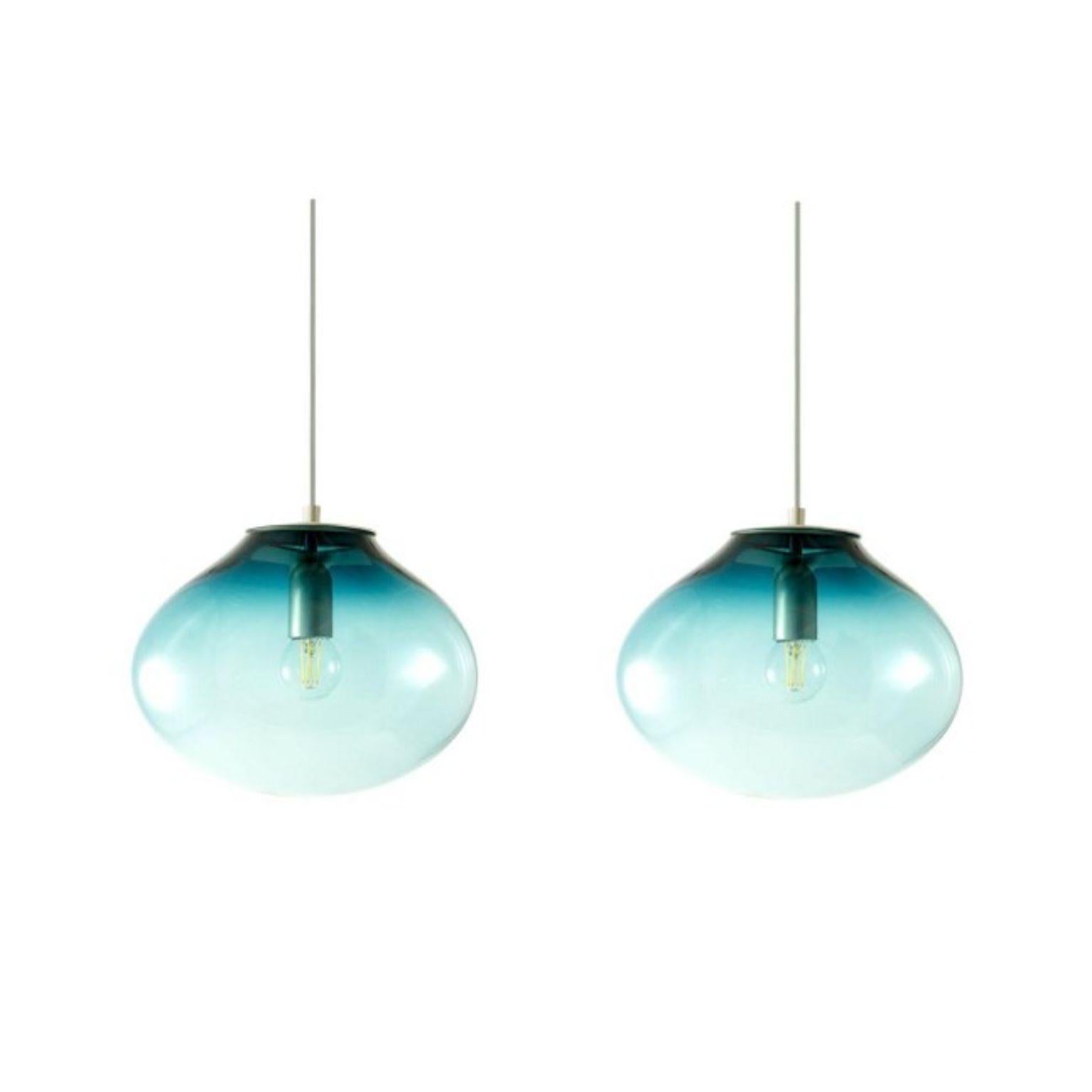 Set of 2 Planetoide Palasi petrol pendants by ELOA
No UL listed 
Material: glass, steel, silver, LED Bulb
Dimensions: D30 x W30 x H250 cm
Also available in different colours and dimensions.

All our lamps can be wired according to each country. If