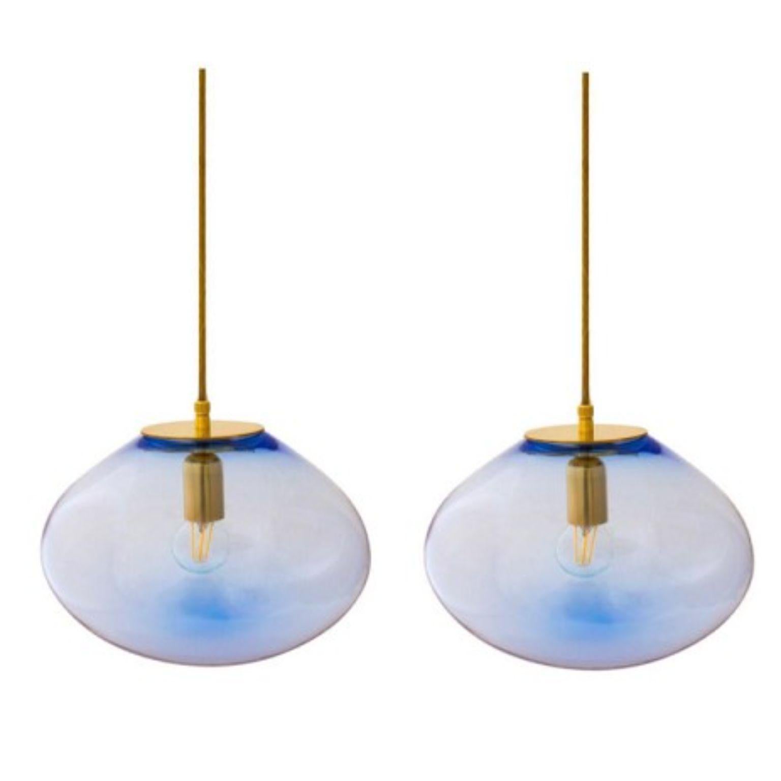 Set of 2 Planetoide vesta steel blue pendants by ELOA
Material: Glass,Steel,Silver, LED Bulb
Dimensions: D30 x W30 x H250 cm
Also Available in different colours and dimensions.

All our lamps can be wired according to each country. If sold to