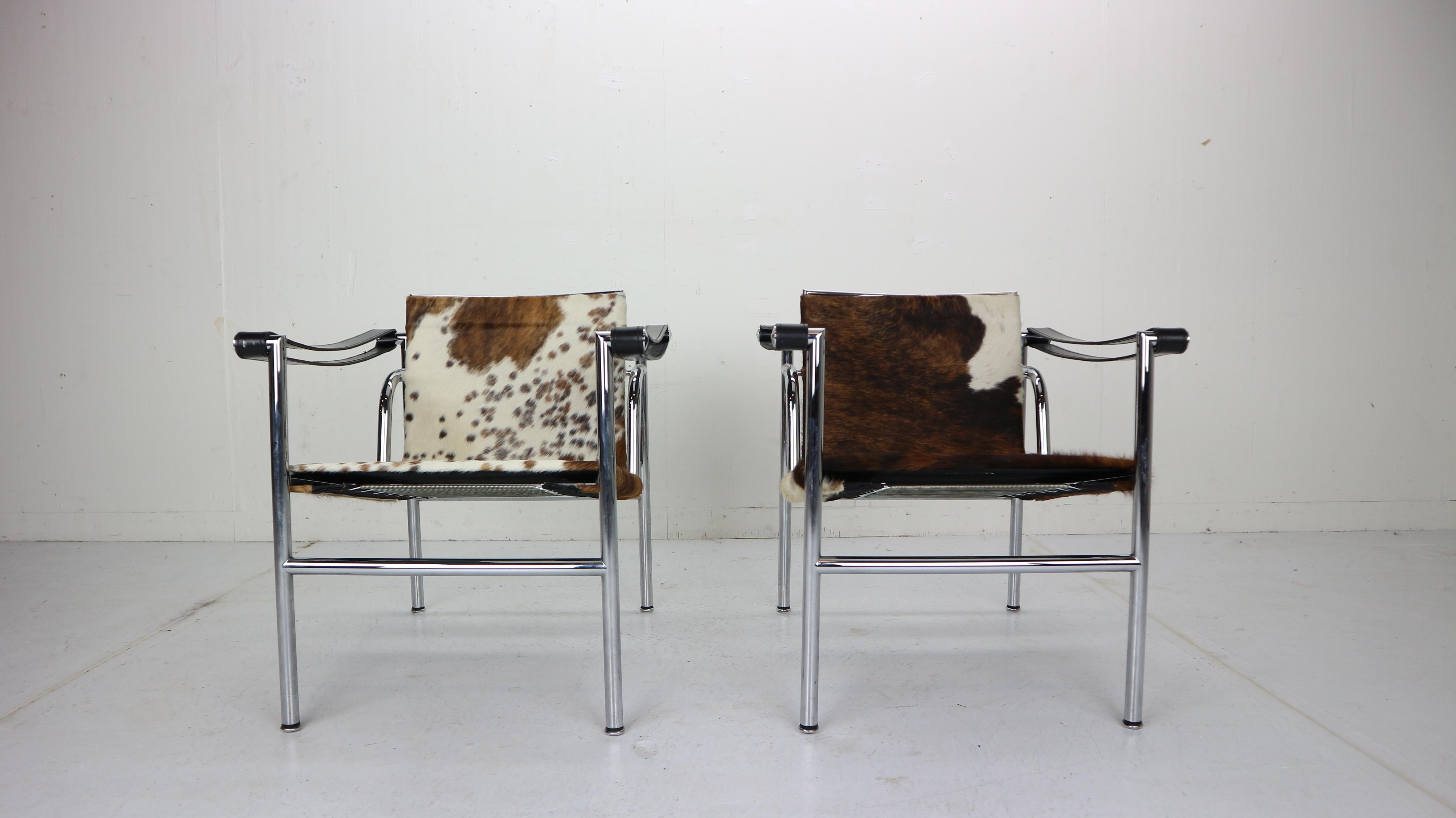 Mid-Century Modern Set of 2 Pony Skin Armchairs Model, LC1 by Le Corbusier for Cassina, 1970s Italy