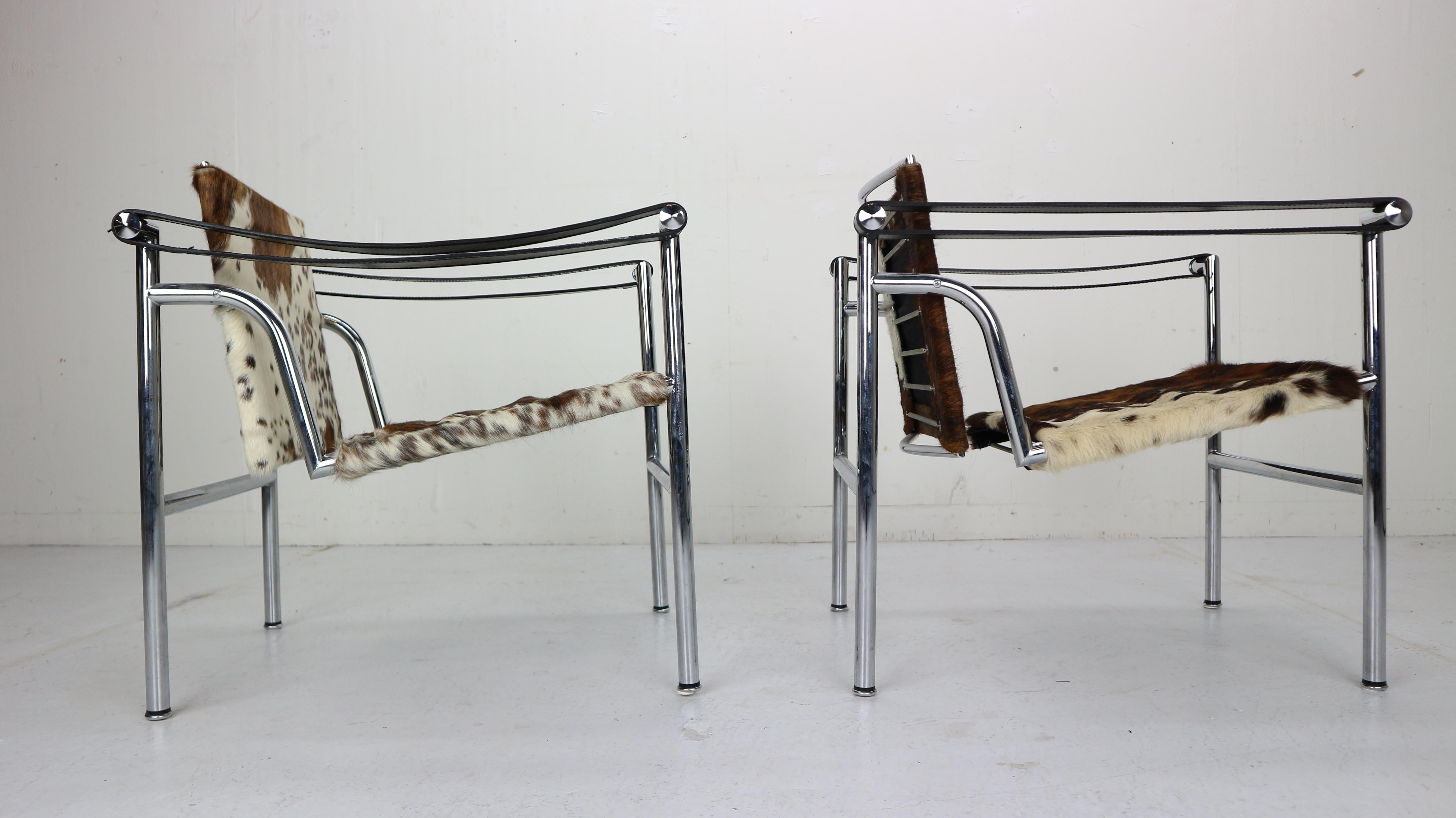 Chrome Set of 2 Pony Skin Armchairs Model, LC1 by Le Corbusier for Cassina, 1970s Italy