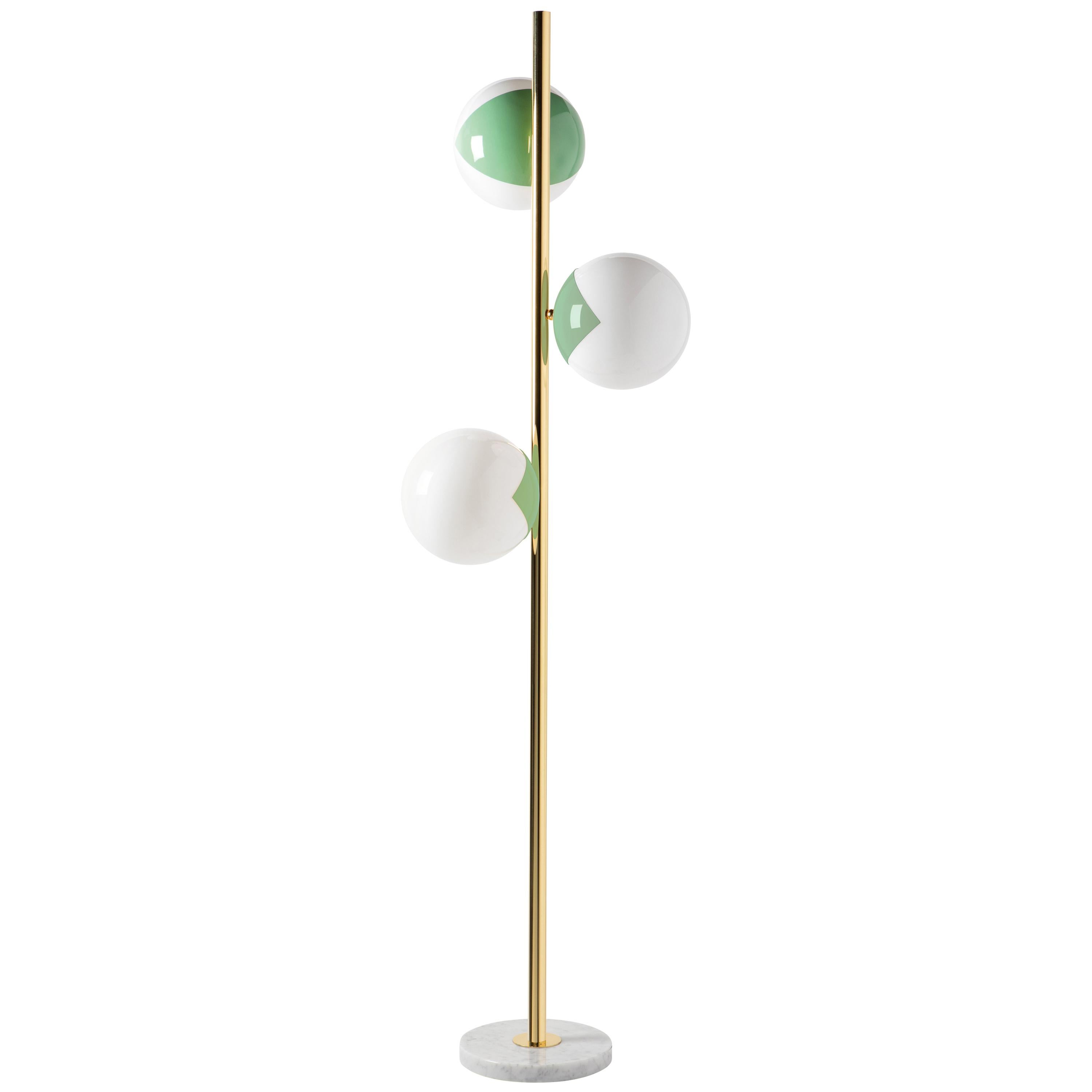 Set of 2 pop up floor lamp by Magic Circus Editions
Dimensions: W 170 x H 51 cm
 diam sphere 22 cm
Materials: Carrara marble base, smooth brass tube, glossy mouth blown glass

Available finishes: Matte black tube and brass, matte black tube and