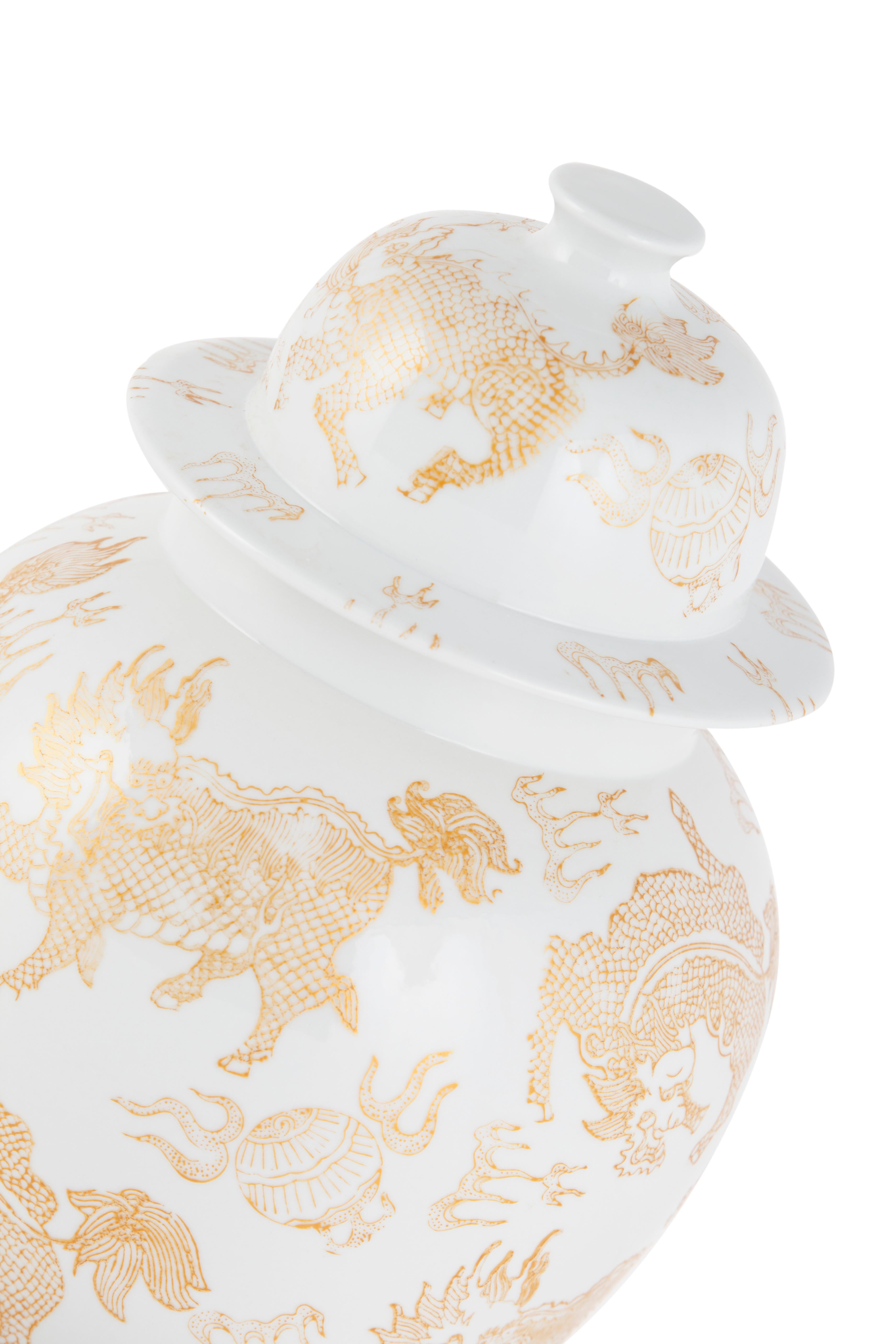 Set von 2 Han-Töpfen aus Porzellan, Gold und Weiß, handgeformt und handbemalt (Handgefertigt) im Angebot
