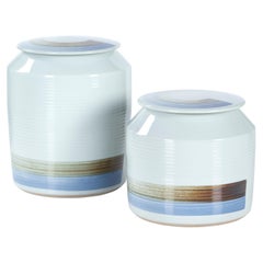 Set of 2 Porcelain Jin Pots, Blue White and Brown, Handmolded & Handpainted