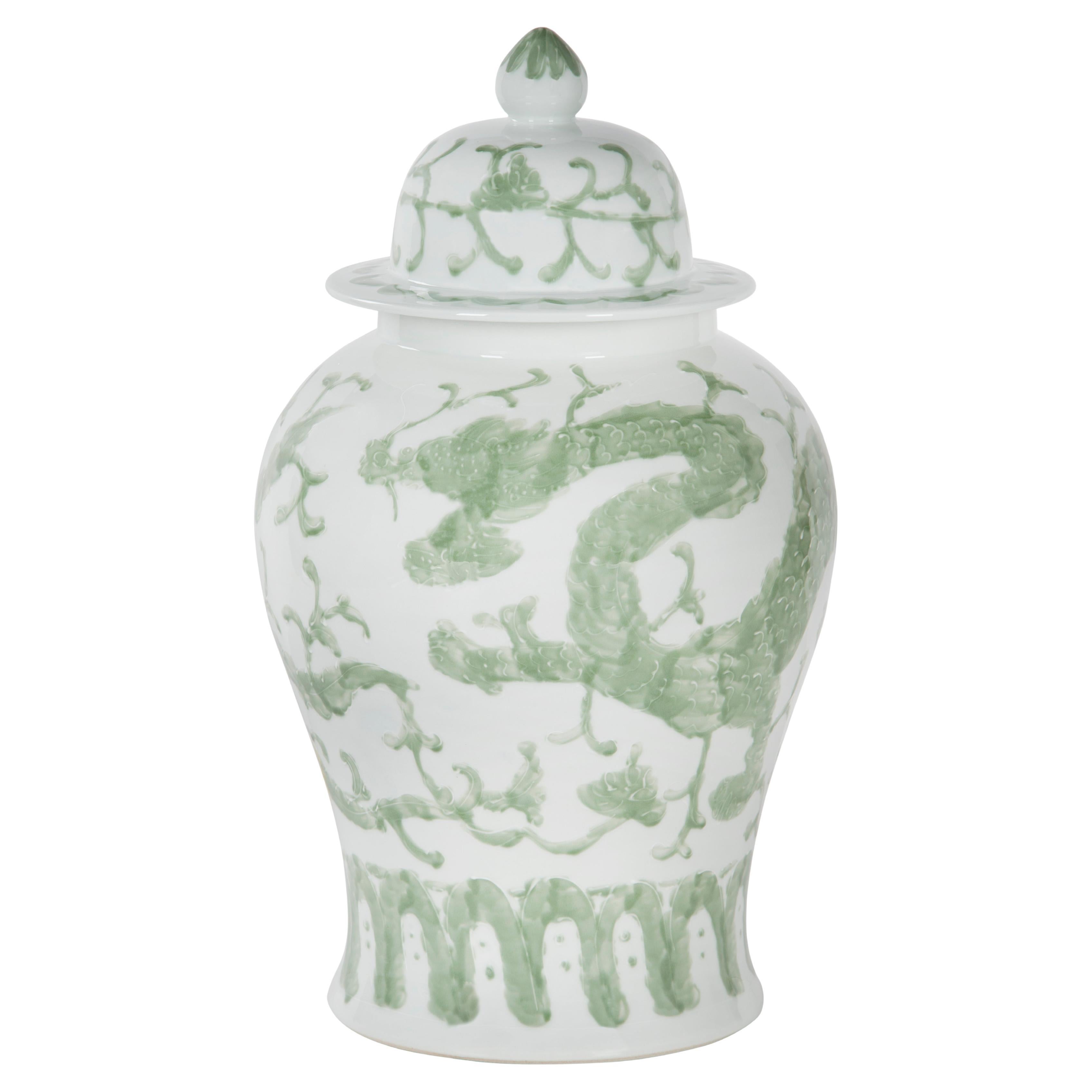 Modern Set of 2 Porcelain Shu Pots with Lid, Green White, Handmolded & Handpainted For Sale