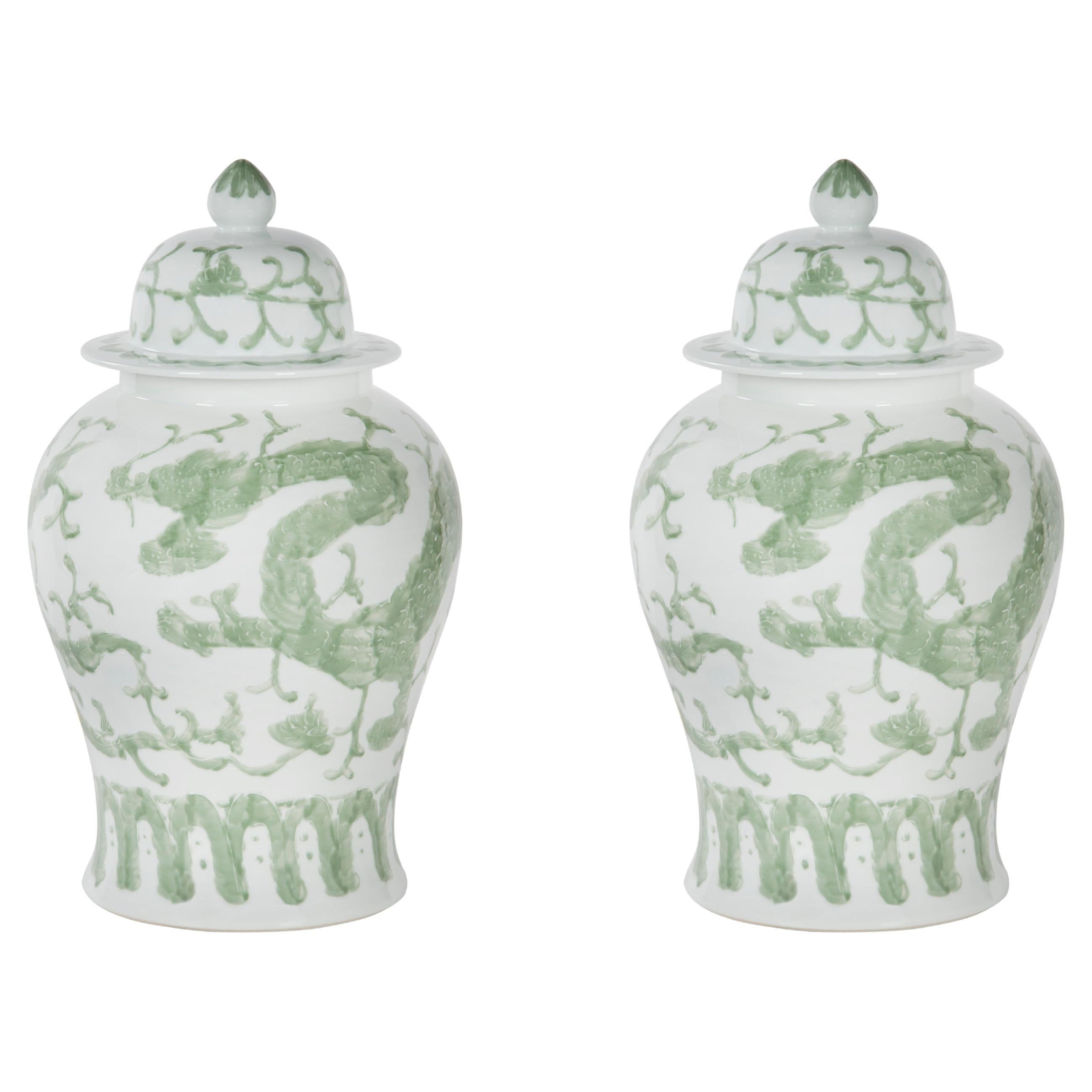 Set of 2 Porcelain Shu Pots with Lid, Green White, Handmolded & Handpainted For Sale