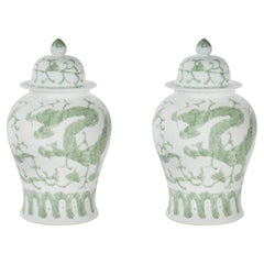 Set of 2 Porcelain Shu Pots with Lid, Green White, Handmolded & Handpainted