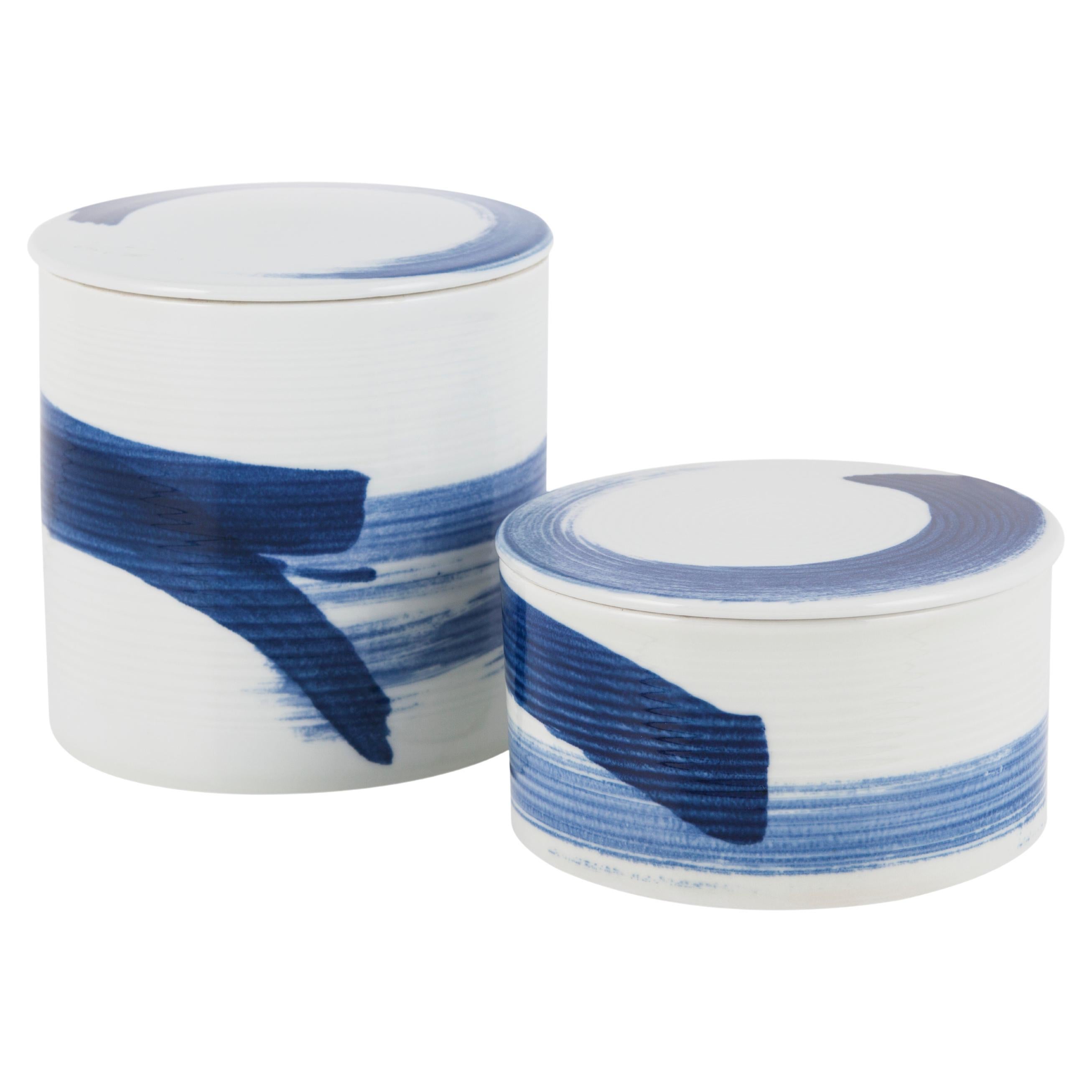Set of 2 Porcelain Wang Pots, Blue and White, Handmolded & Handpainted For Sale