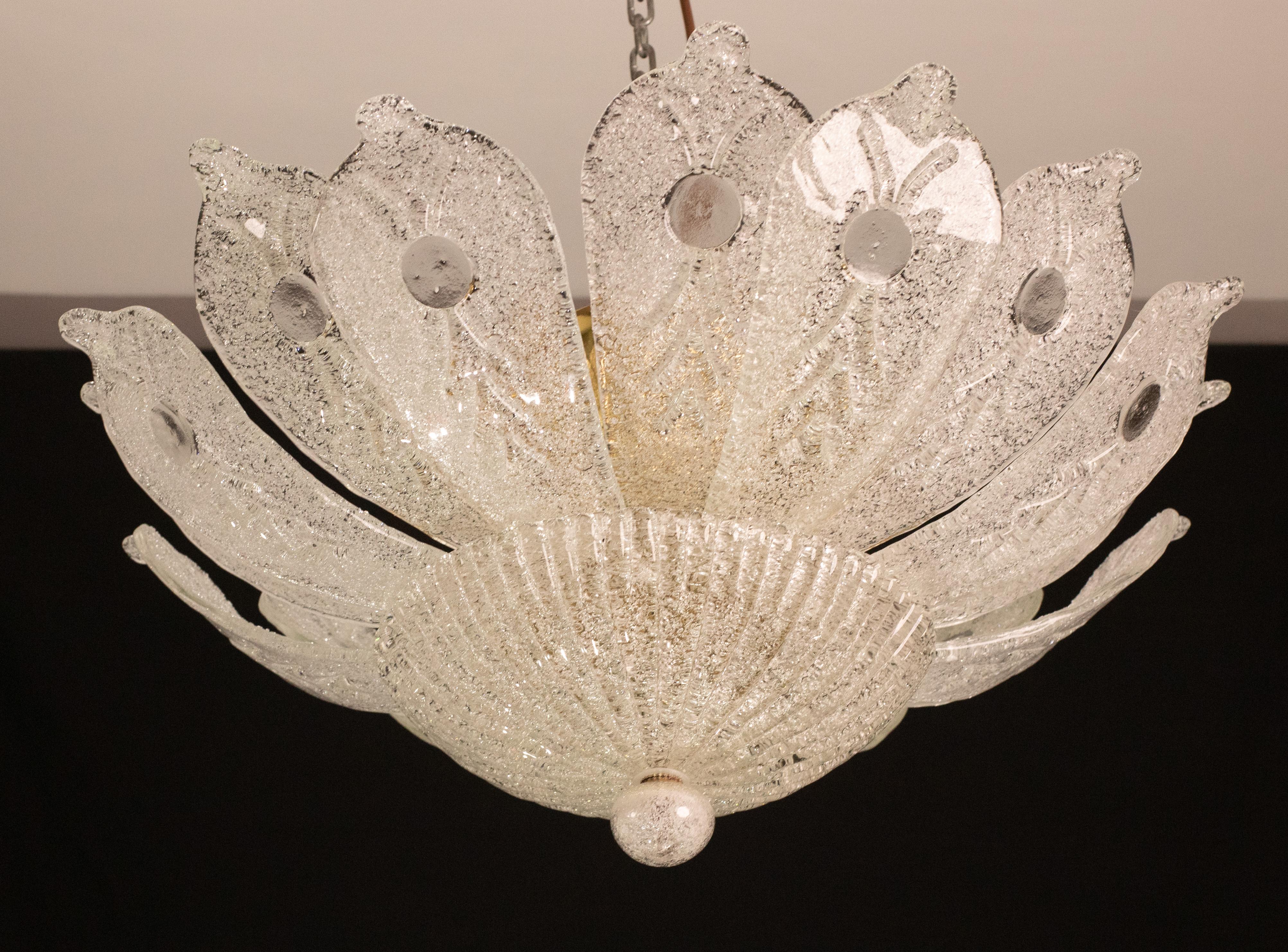 Splendid set of 2 Murano glass ceiling lamp, perfect for decorating a large space.

Period: circa 1970.

The ceiling light misure 35 cm in height, the diameter measures 70 centimeters.

It mounts 4 lights, possible to switch for Usa