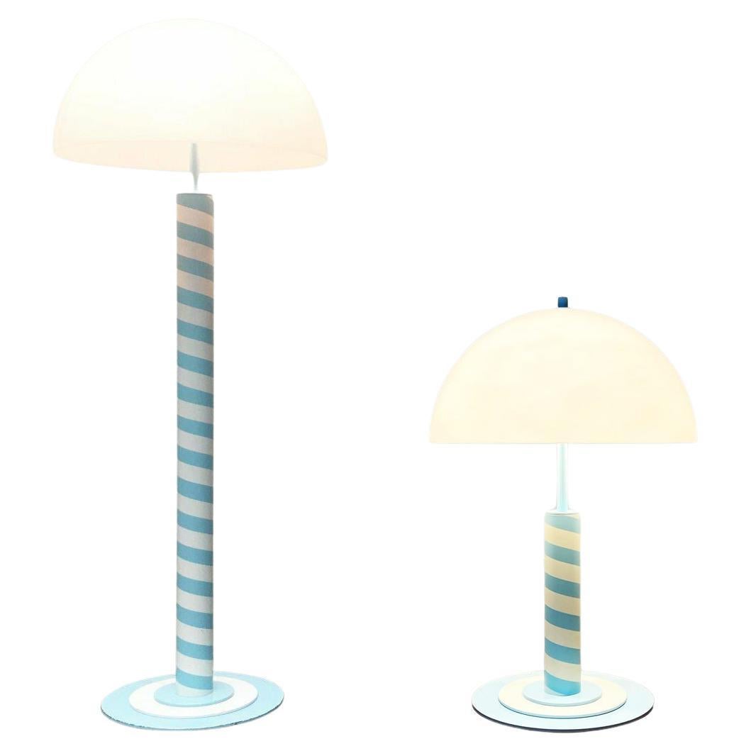 Set of 2 Postmodern German Table Floor Lamps light blue white Swirl Pattern, 80s For Sale