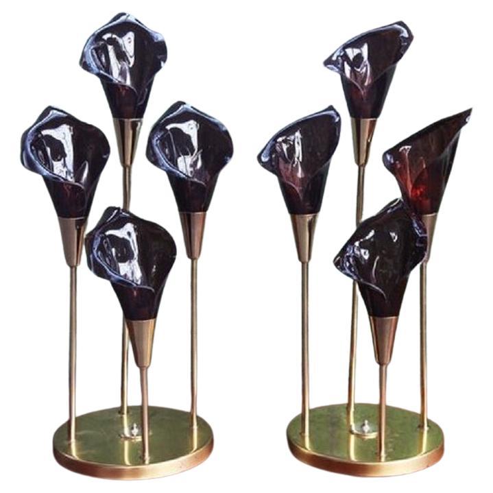 Set of 2 Postmodern Hollywood Regency Smoked Luciteand Brass & Lily Table Lamps For Sale