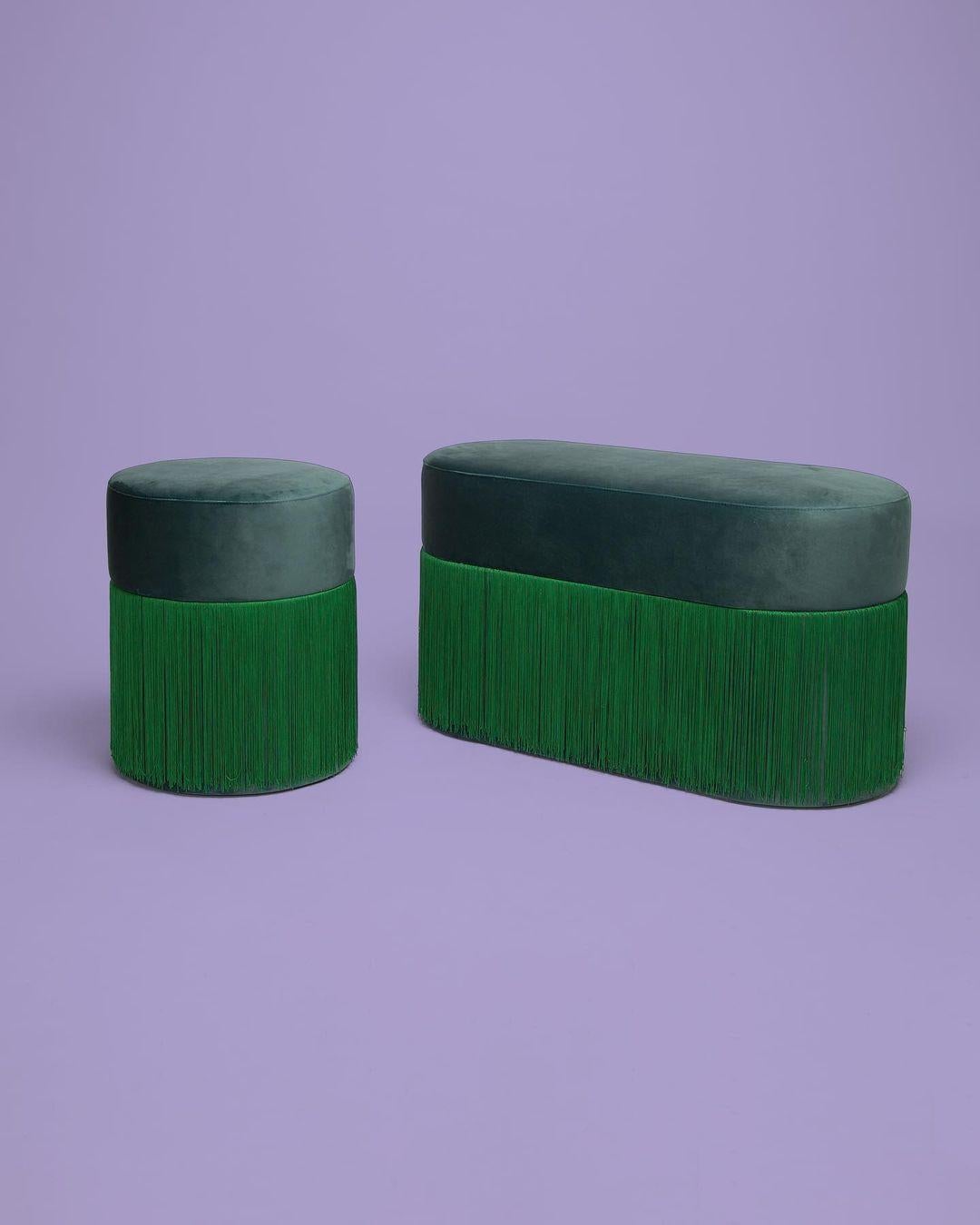Set of 2 Poufs pill L and S by Houtique
Dimensions: H 45 x 80 x 35 cm
H 45 x 35 x 35 cm
Materials: Velvet upholstery and 30cm fringes


Art-Deco style pouf with wood structure and velvet fabric.
2 fiber-board discs of 16mm, joined by wooden