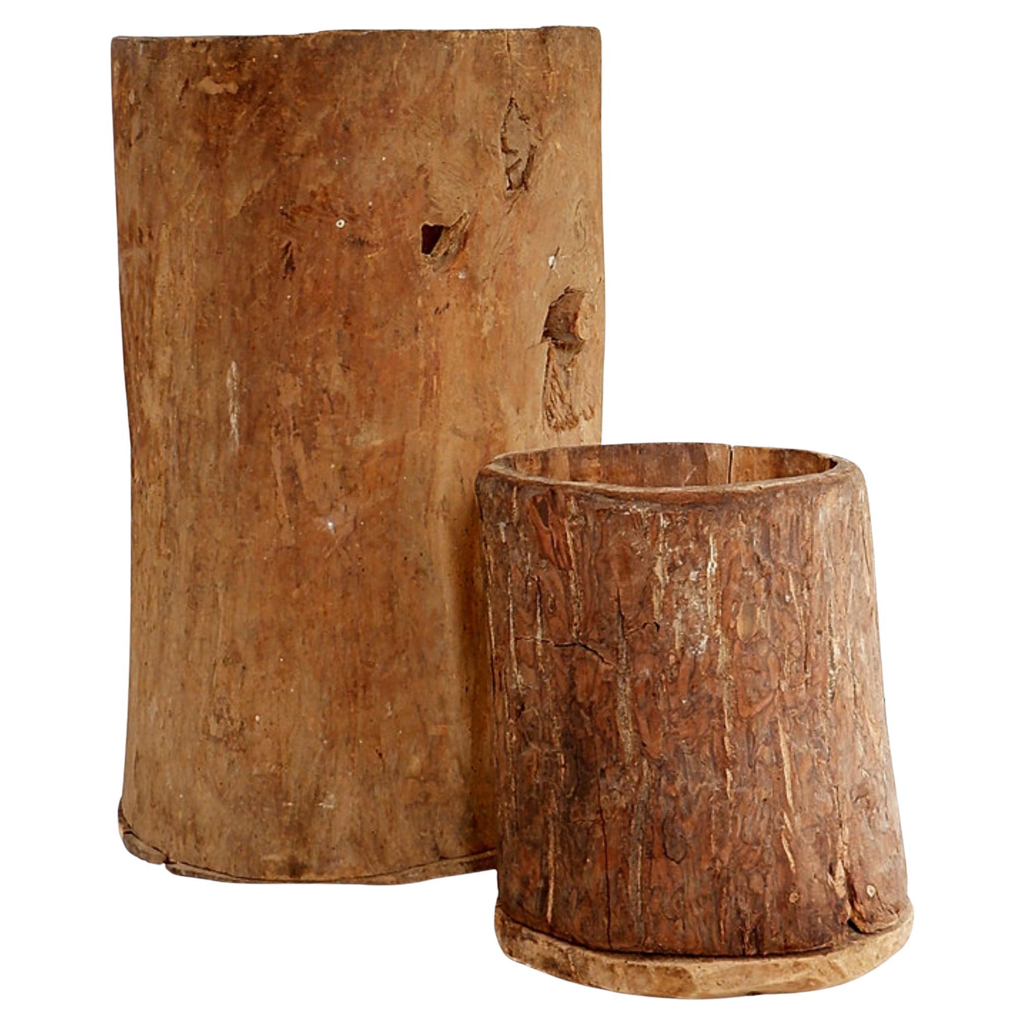 Set of 2 Primitive Wooden Pots - Late 19th Century