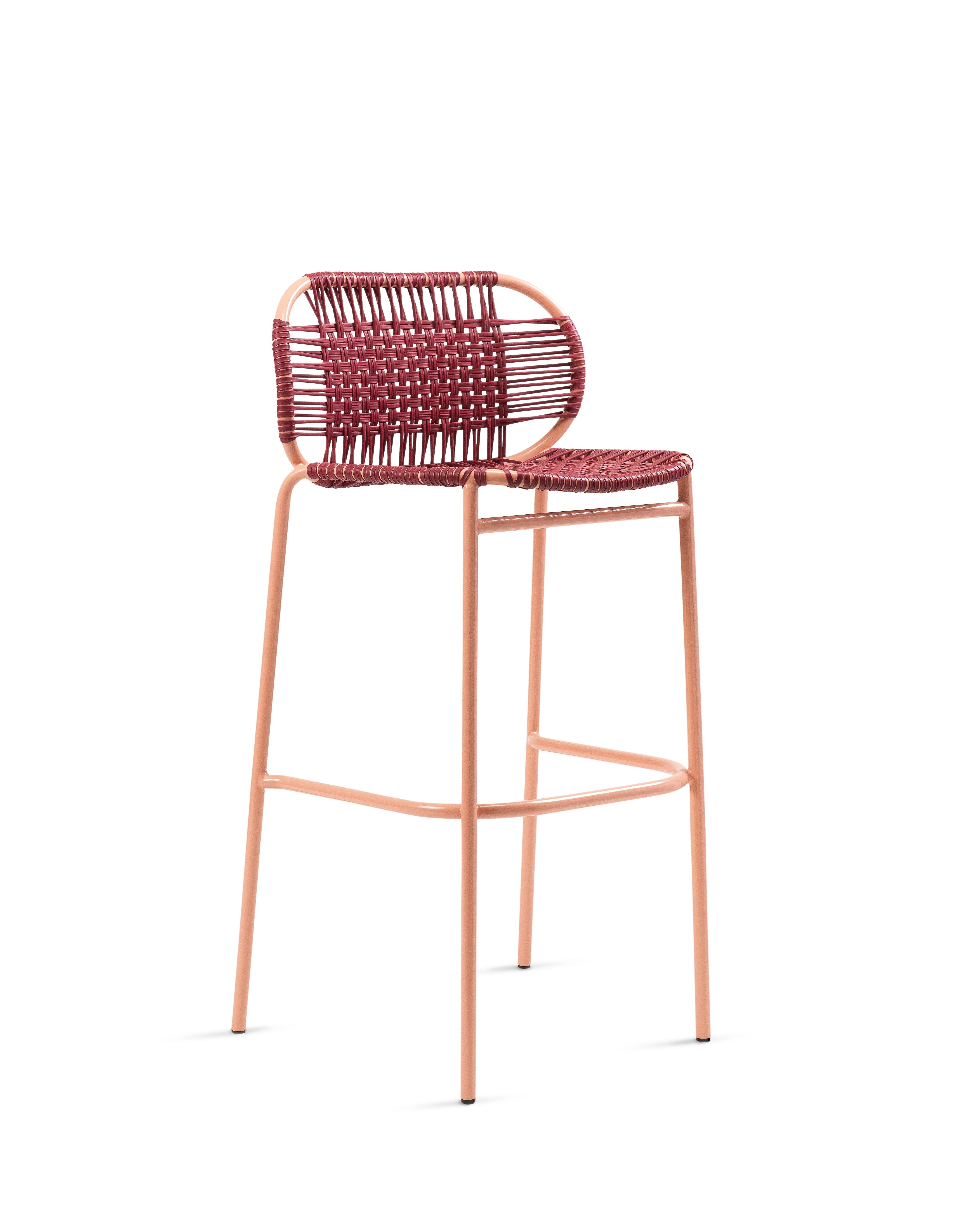Set of 2 purple Cielo bar stool by Sebastian Herkner
Materials: Galvanized and powder-coated tubular steel. PVC strings are made from recycled plastic.
Technique: Made from recycled plastic and weaved by local craftspeople in Cartagena, Colombia.