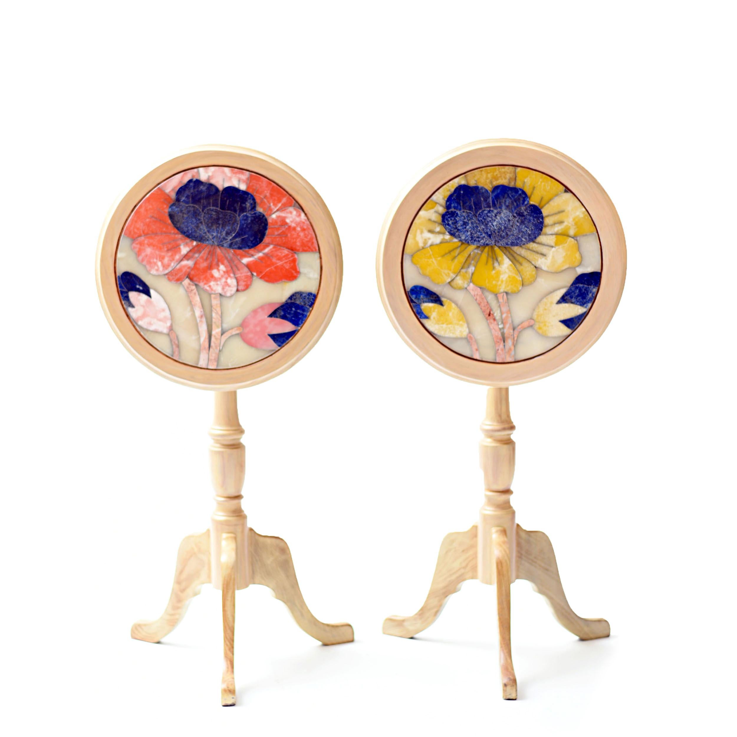 Set of 2 Puvvi tilt-top side tables by Studio Lel
Dimensions: D46 x W46 x H66 cm
Materials:Lapis Lazuli, Onyx, Marble, Wood

From the Urdu word for the chrysanthemum flower, our Vogue-featuring Puvvi collection is a lively celebration of