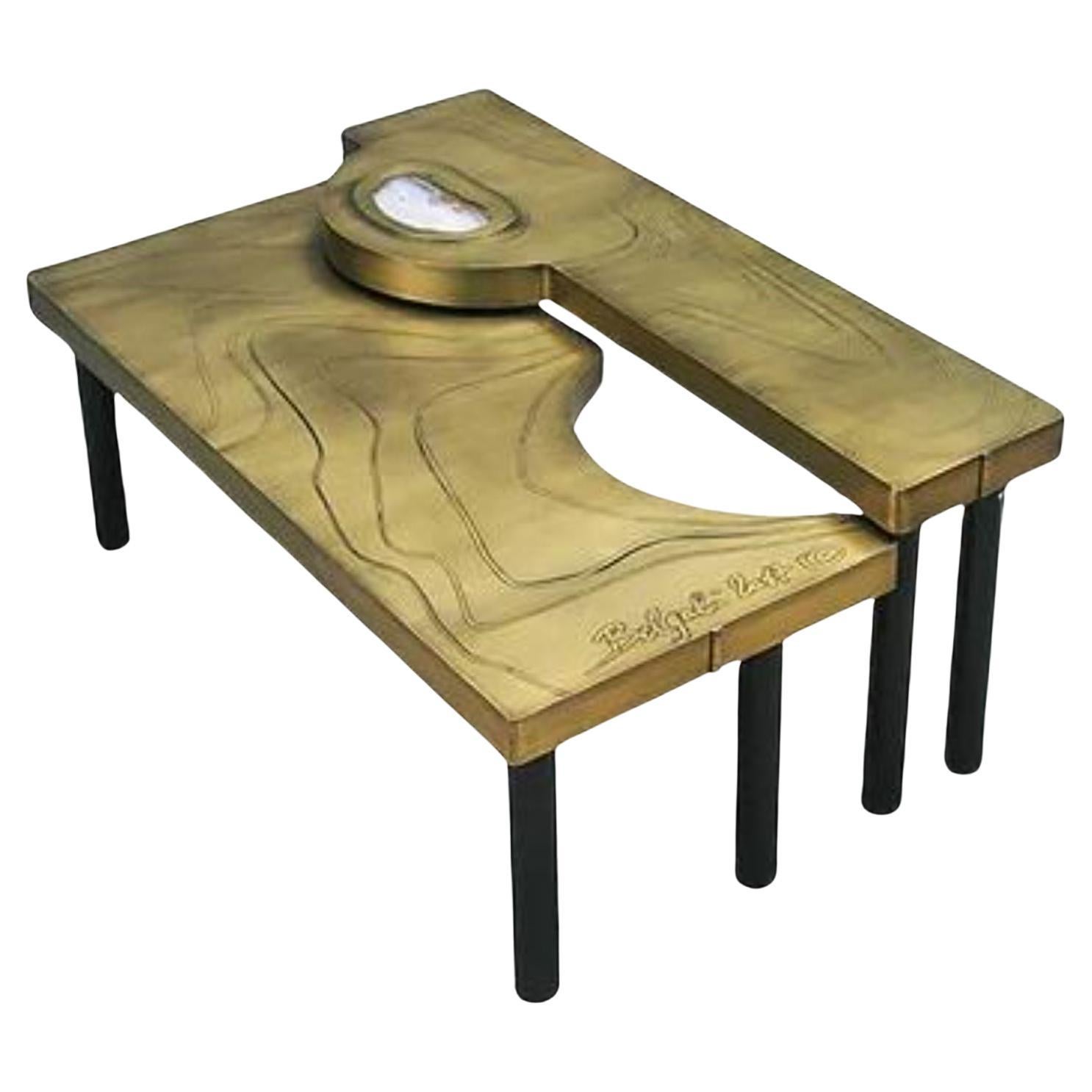 Set Of 2 Puzzle Brass Coffee Tables by Brutalist Be For Sale