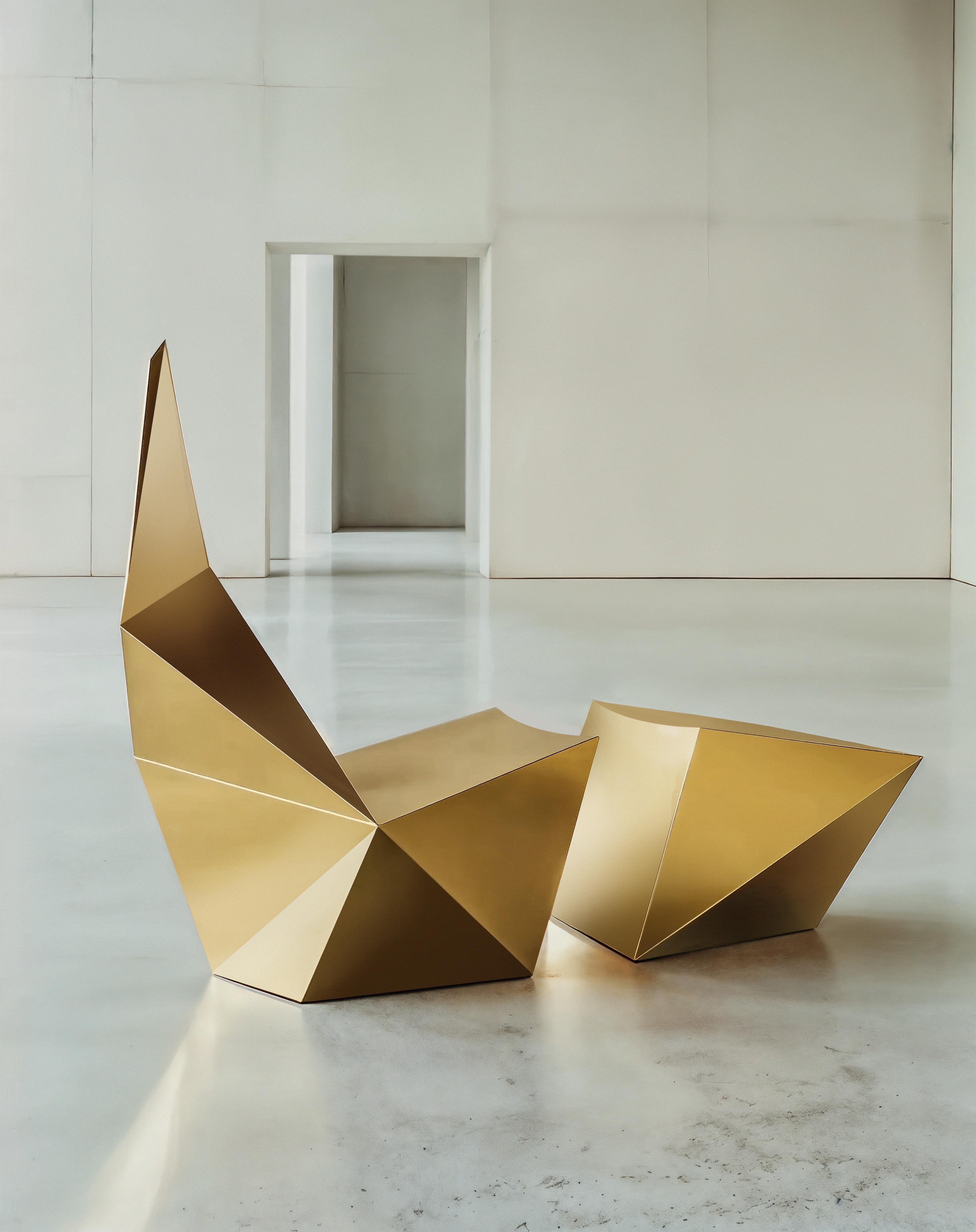 Satz von 2 QTZ-Loungesesseln und Ottomane von Alexander Lotersztain
Limitierte Auflage.
Abmessungen: Loungesessel: T 65,8 x B 82 x H 111 cm.
Ottomane: D 52 x B 66 x H 43,5 cm.
MATERIALIEN: Elektroplattiertes Gold.

Erhältlich in verschiedenen