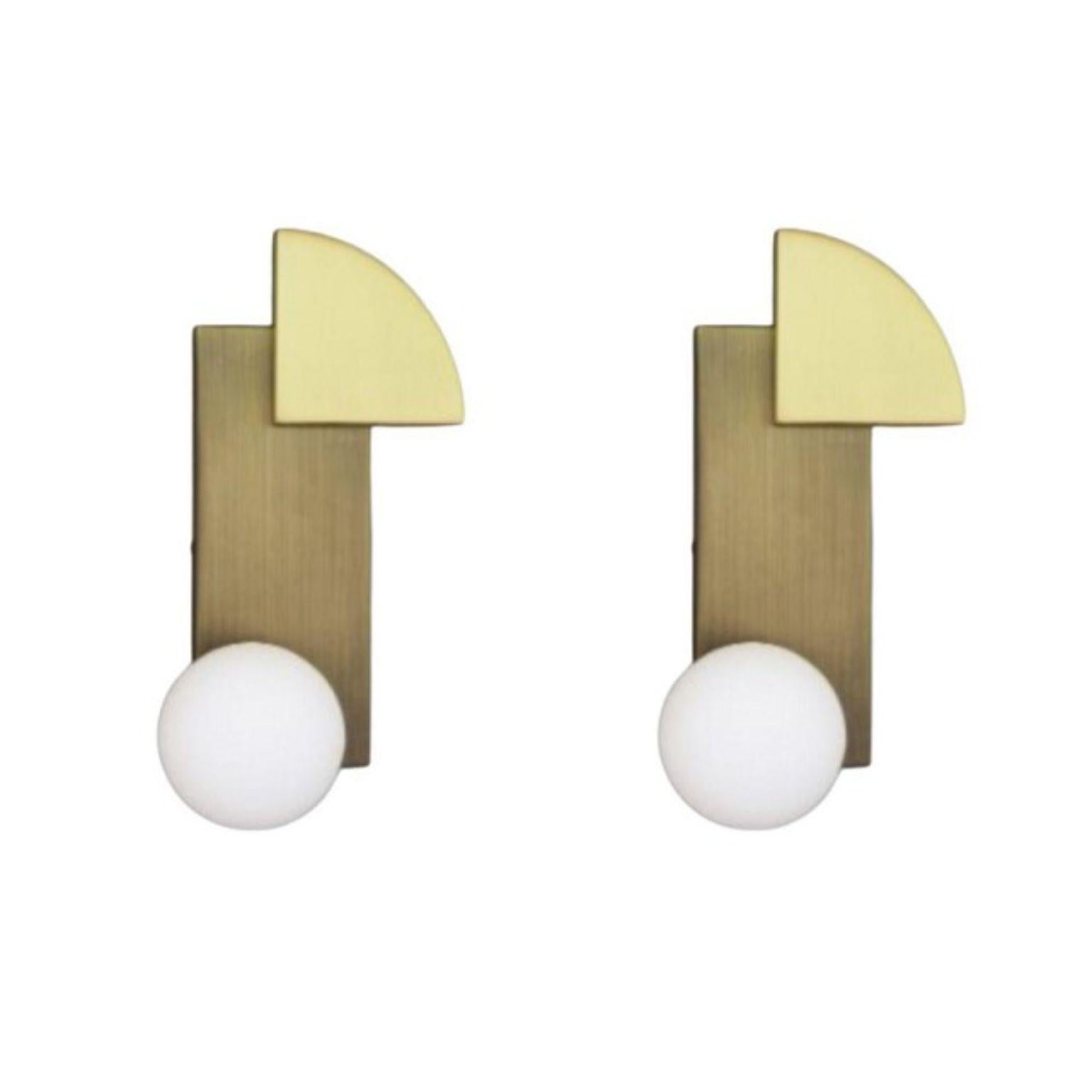 Set of 2 quadrant and sphere wall lights by Square in Circle
Dimensions: D 11.6 x W 16.4 x H 31 cm
Materials:Brushed brass/ medium bronze/ opaque glass
Other finishes available.

This unique wall light is designed from three geometric forms: a