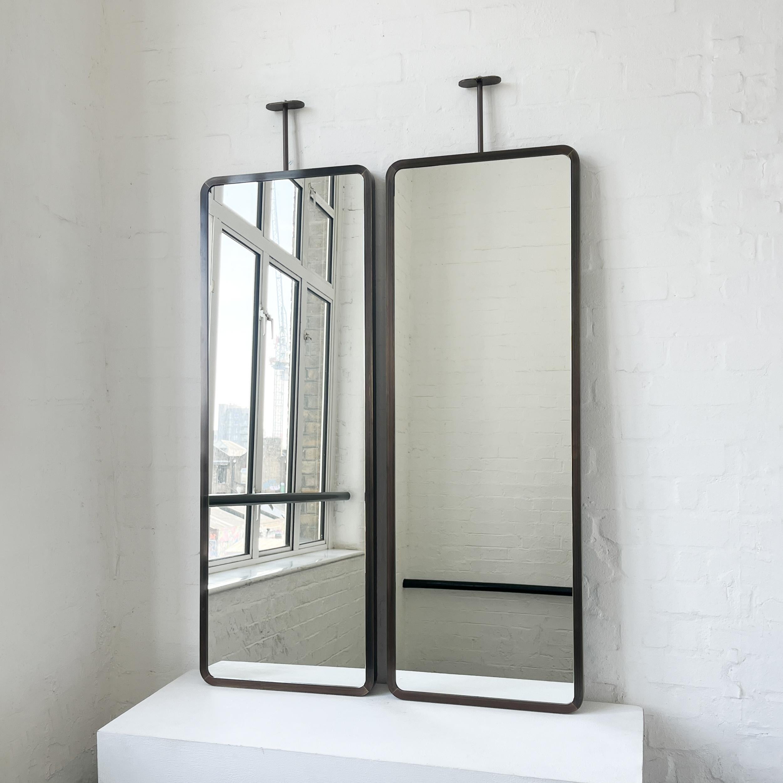Modern Set of 2 Quadris Ceiling Suspended Long Rectangular Mirrors, Bronze Patina Frame For Sale