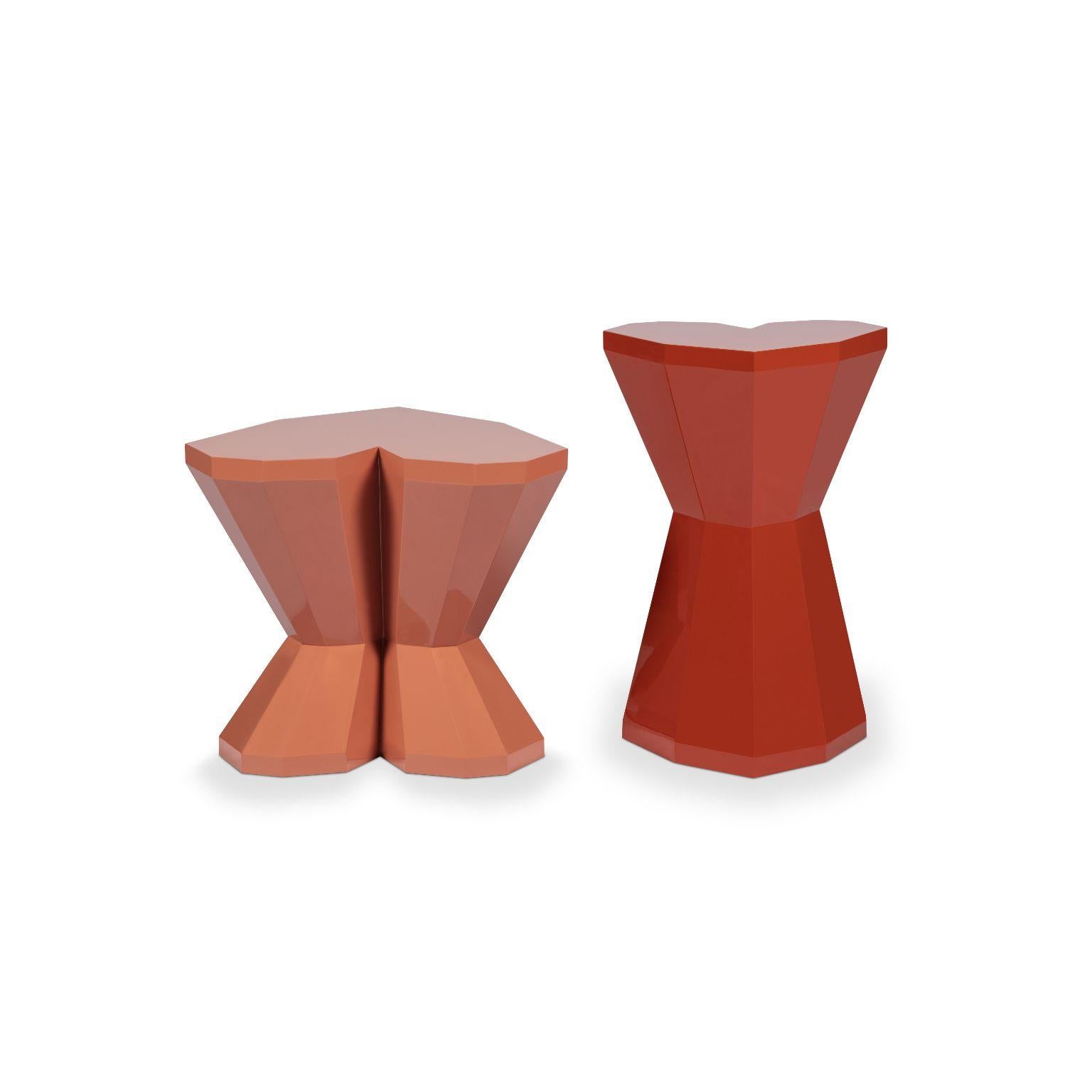 Set of 2 queen heart side tables by Royal Stranger
Dimensions: Medium H 65 x D 45 x W 40 cm
 Small W 60 x D 50 x H 50 cm
Materials: Lacquered Wood, NCS/RAL colors with matte finish
Also available: gold, copper and silver leaf with glossy or