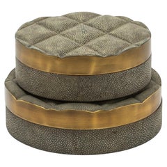 Set of 2 Quilted Boxes in Grey Shagreen with Bronze Patina Brass by Kifu Paris
