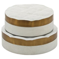 Set of 2 Quilted Boxes in White Shagreen with Bronze Patina Brass by Kifu Paris