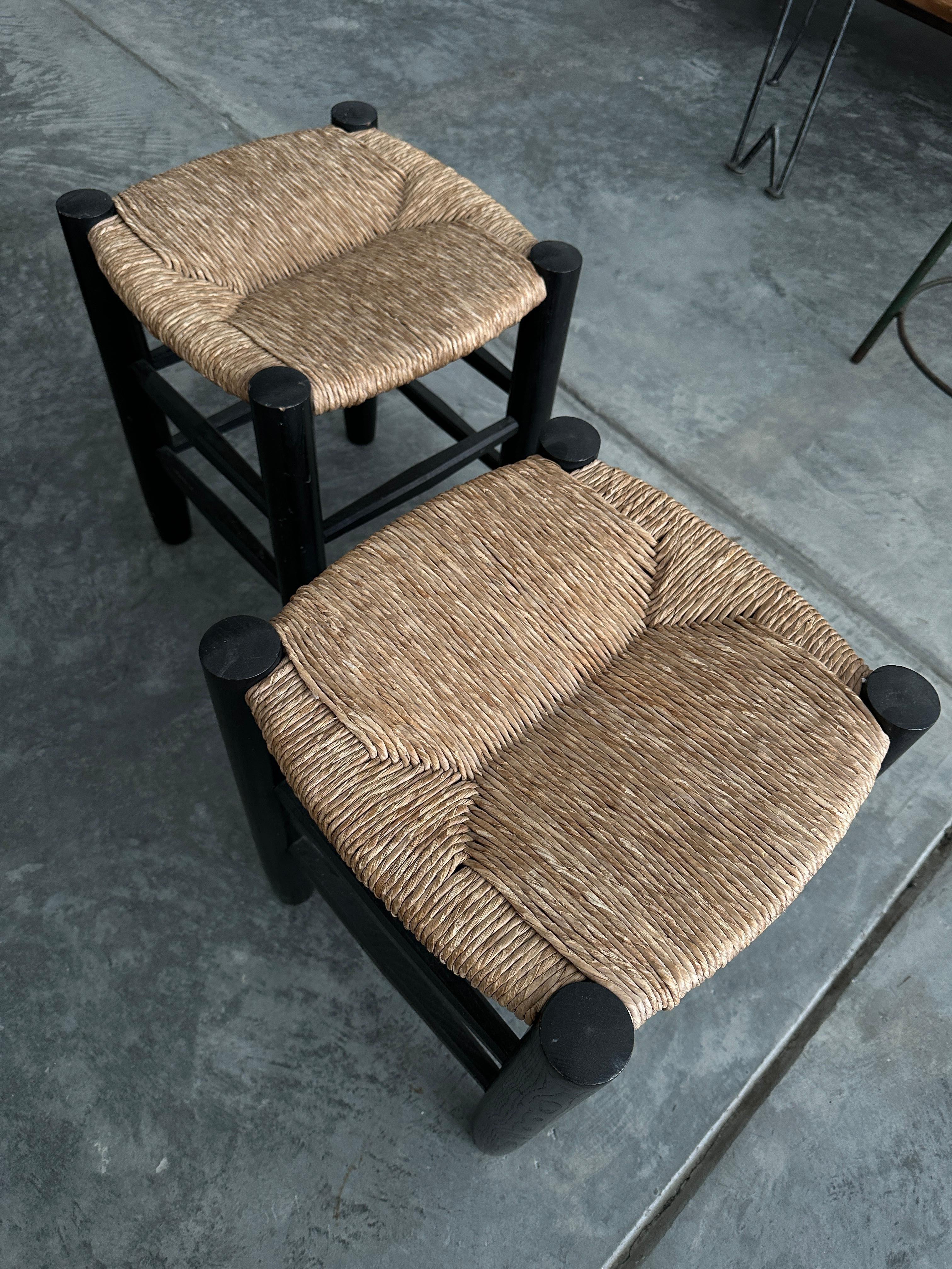 Mid-20th Century Set of 2 Rare Black Varnish Charlotte Perriand No.17 Bauche Stools