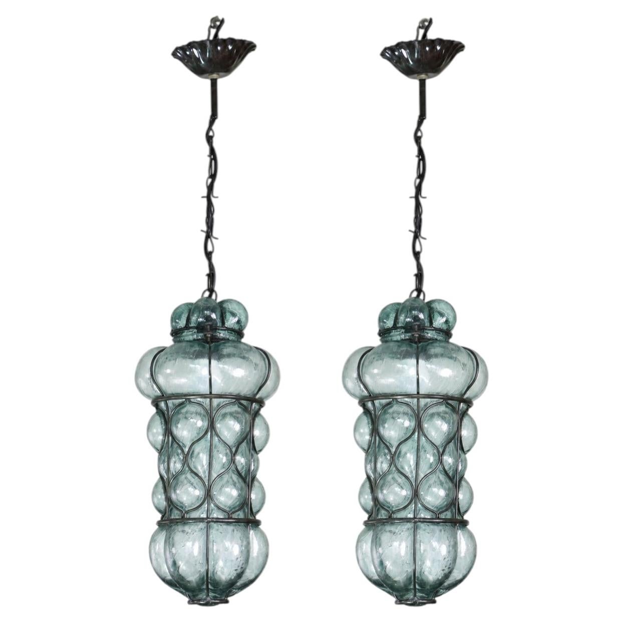 Set of 2 Rare Blu Acuqamarin Vintage Venetian Lantern, Murano Glass, 1970s