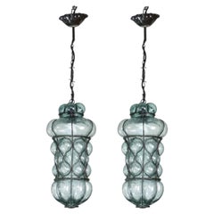 Set of 2 Rare Blu Acuqamarin Vintage Venetian Lantern, Murano Glass, 1970s