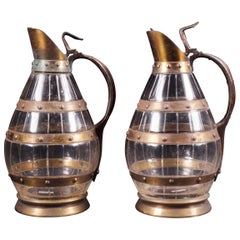 Set of 2 Rare Copper Alloy and Glass Carafes