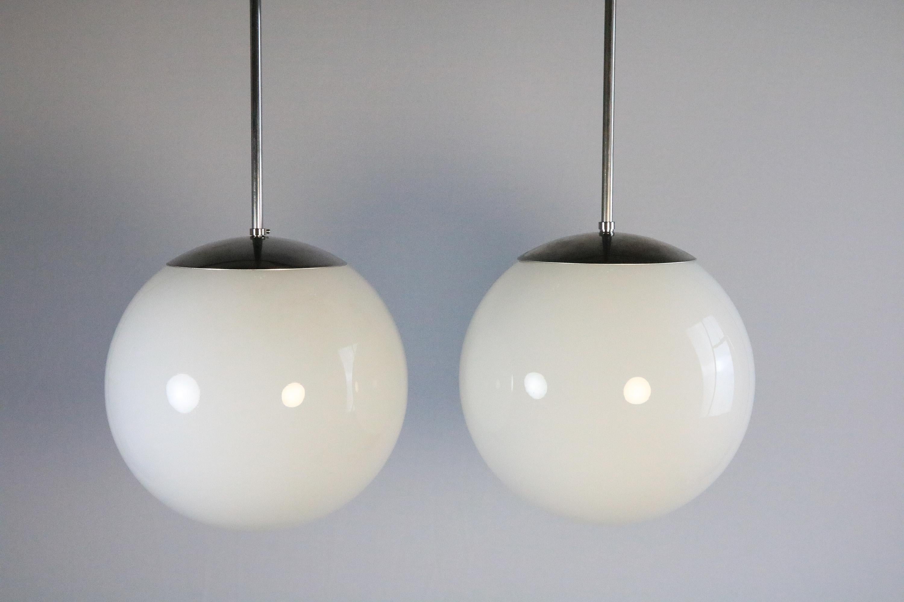 German Set of 2 Rare Original 1940s Ball Lamps, Opaline Glass, Bauhaus For Sale