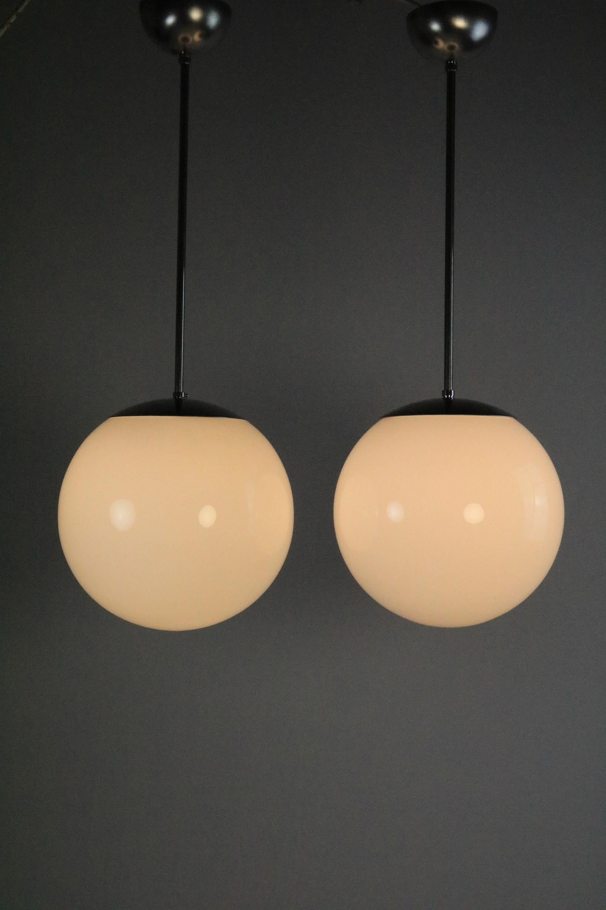 Mid-20th Century Set of 2 Rare Original 1940s Ball Lamps, Opaline Glass, Bauhaus For Sale