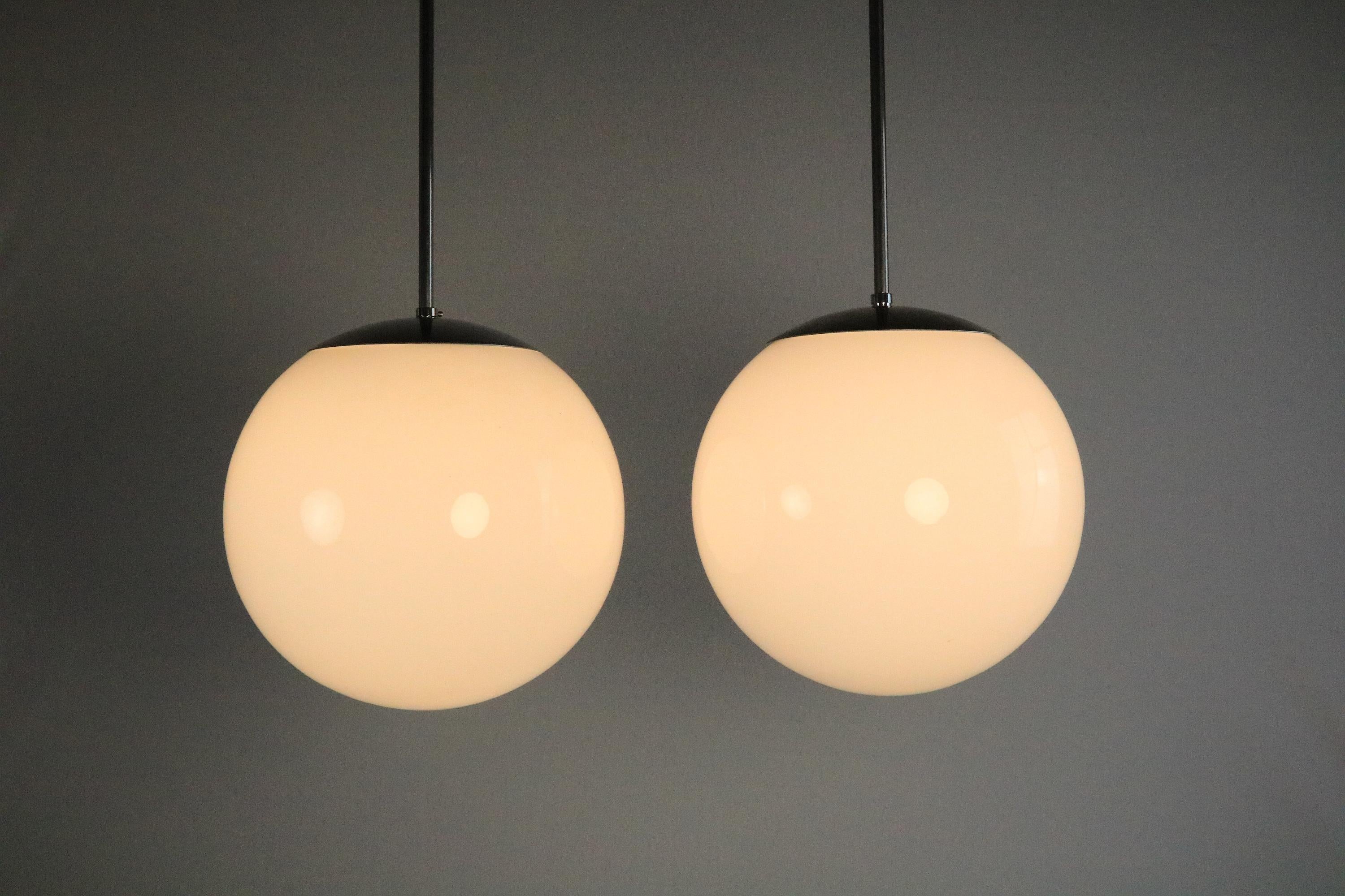 Set of 2 Rare Original 1940s Ball Lamps, Opaline Glass, Bauhaus For Sale 2