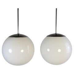 Set of 2 Rare Original 1940s Ball Lamps, Opaline Glass, Bauhaus