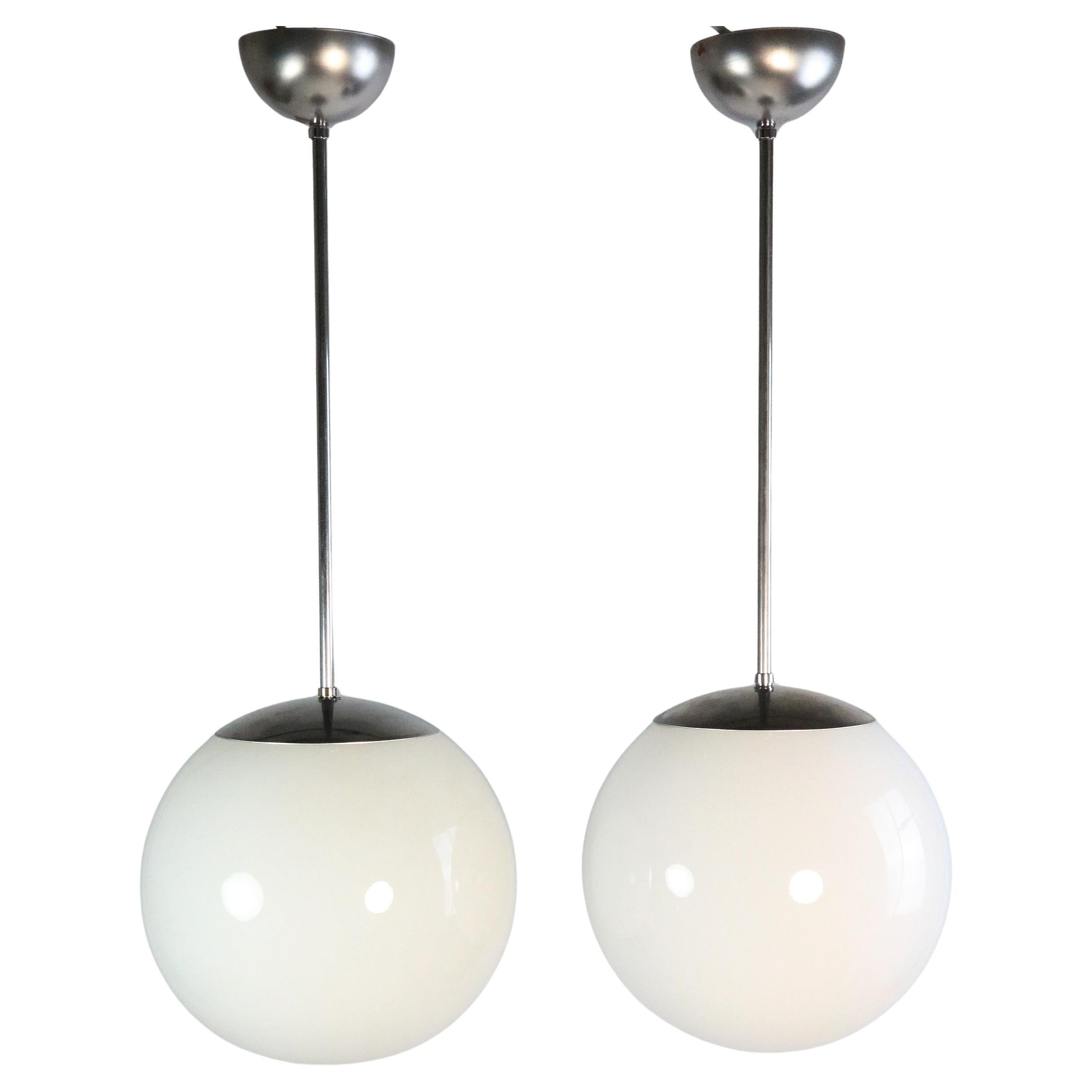 Set of 2 Rare Original 1940s Ball Lamps, Opaline Glass, Bauhaus