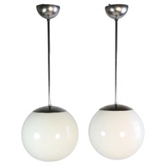 Set of 2 Rare Original 1940s Ball Lamps, Opaline Glass, Bauhaus