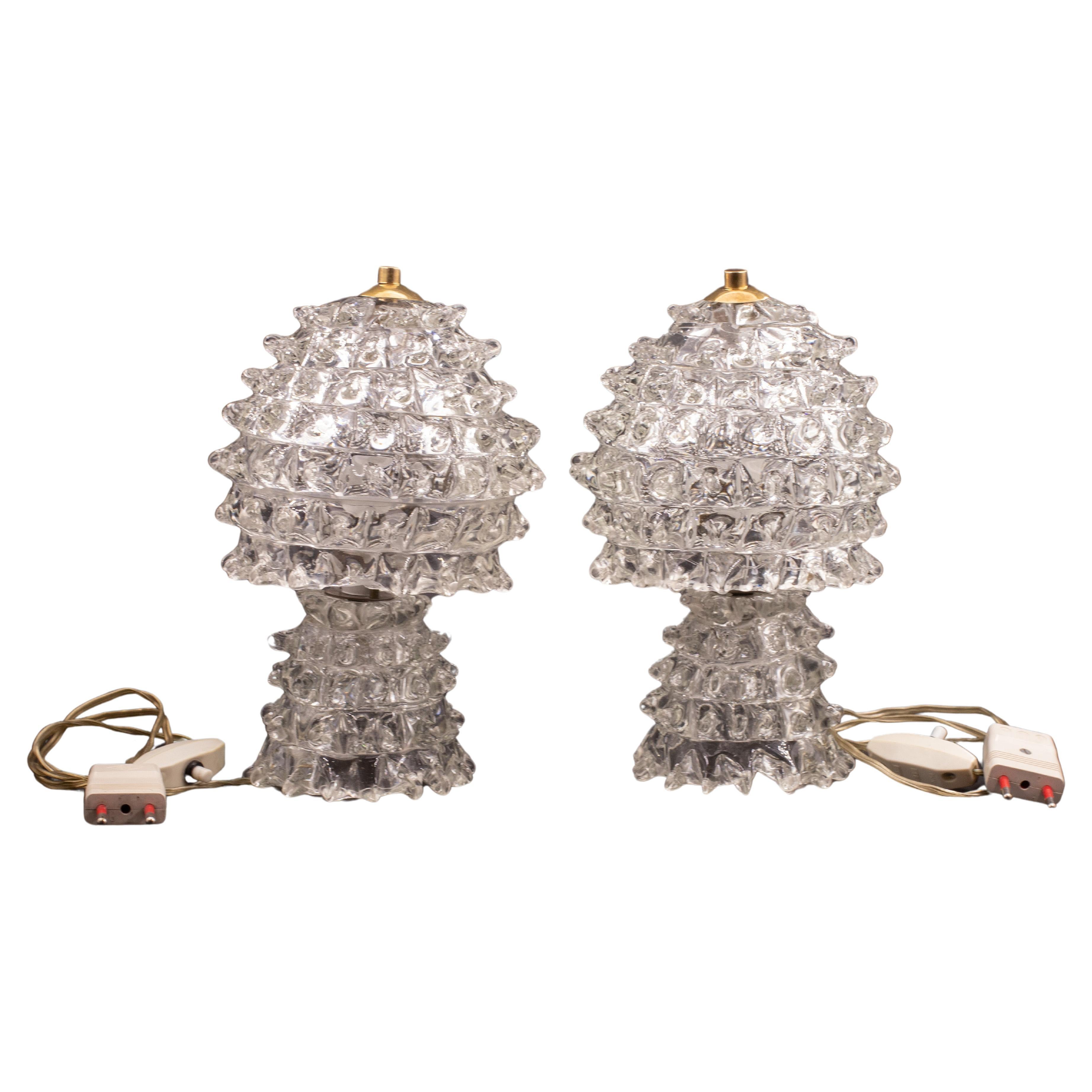 Set di 2 rare lampade da tavolo con vaso in vetro di Murano Rostrato per Barovier&Toso, 1940