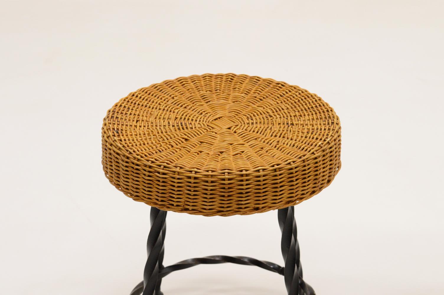 European Set of 2 rattan and wrought iron stools, 1970s.  For Sale