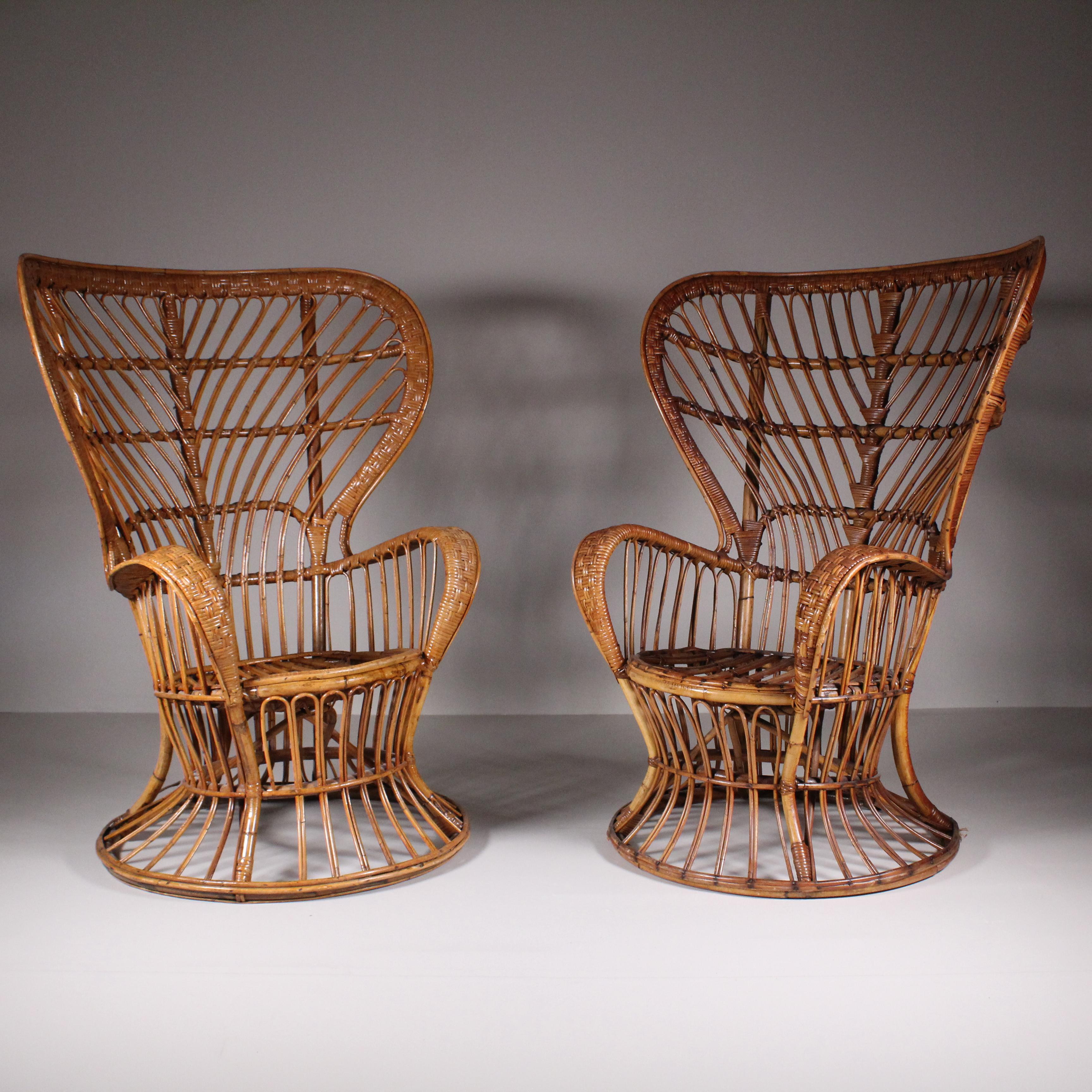 Moderne Ensemble de 2 fauteuils en rotin de Lio Carminati, 1960 circa en vente