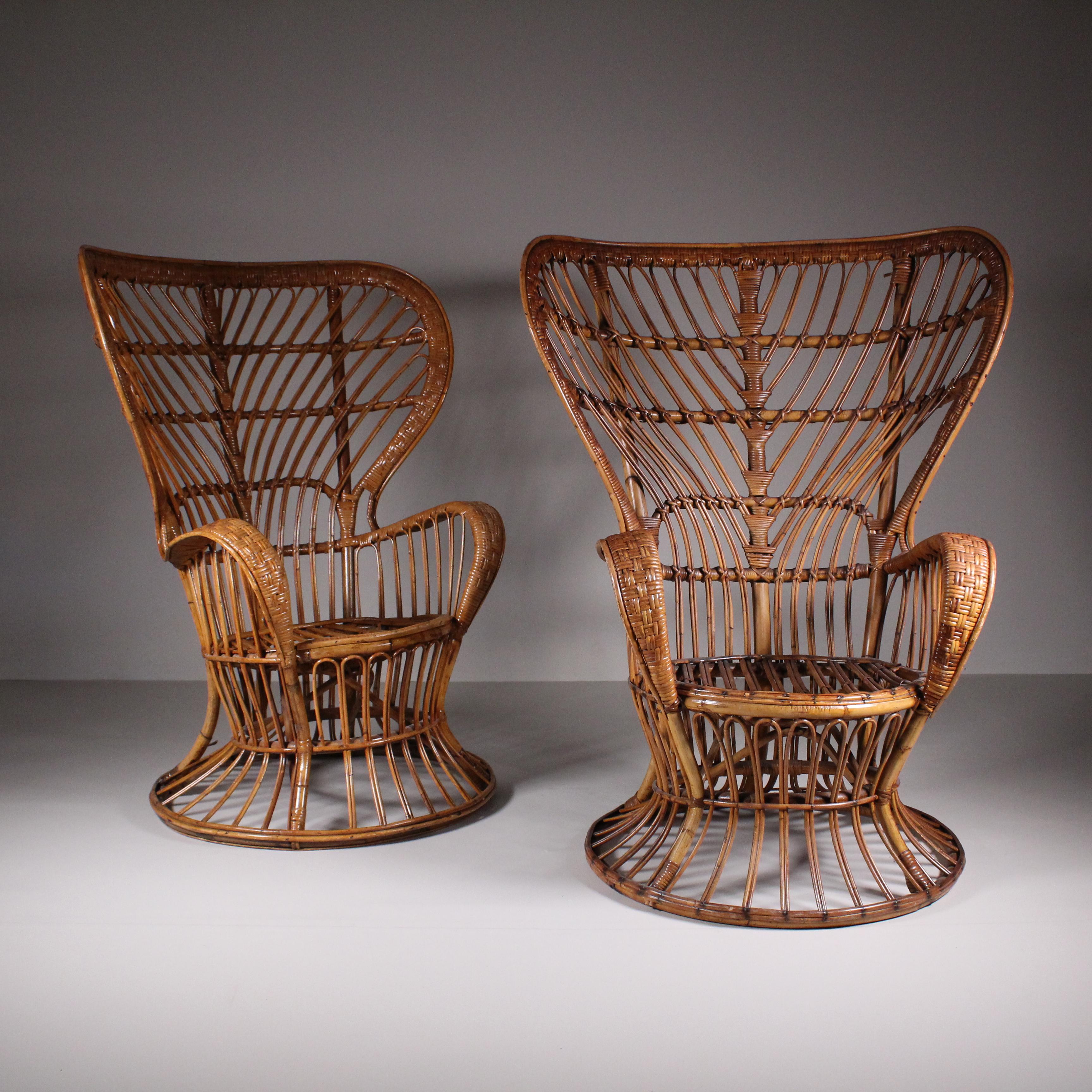 Moderno Set di 2 poltrone in rattan di Lio Carminati, 1960 circa in vendita