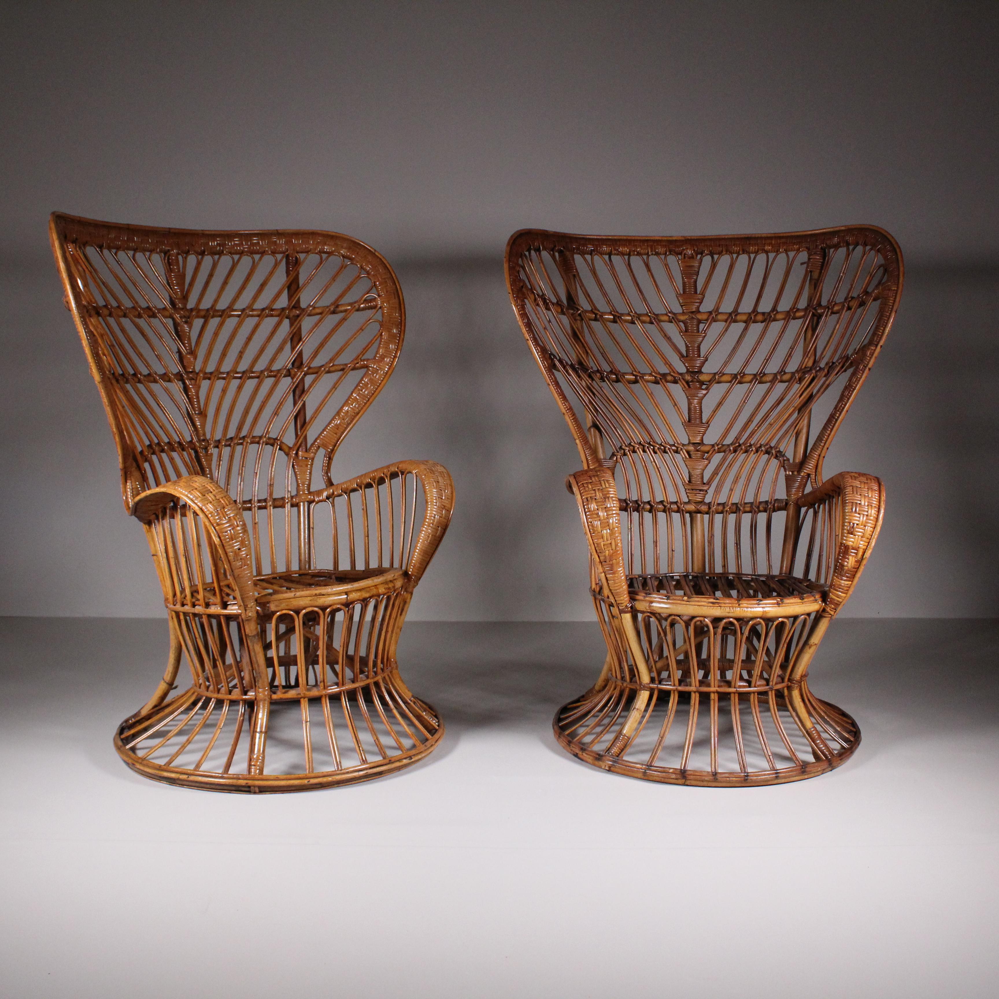 italien Ensemble de 2 fauteuils en rotin de Lio Carminati, 1960 circa en vente