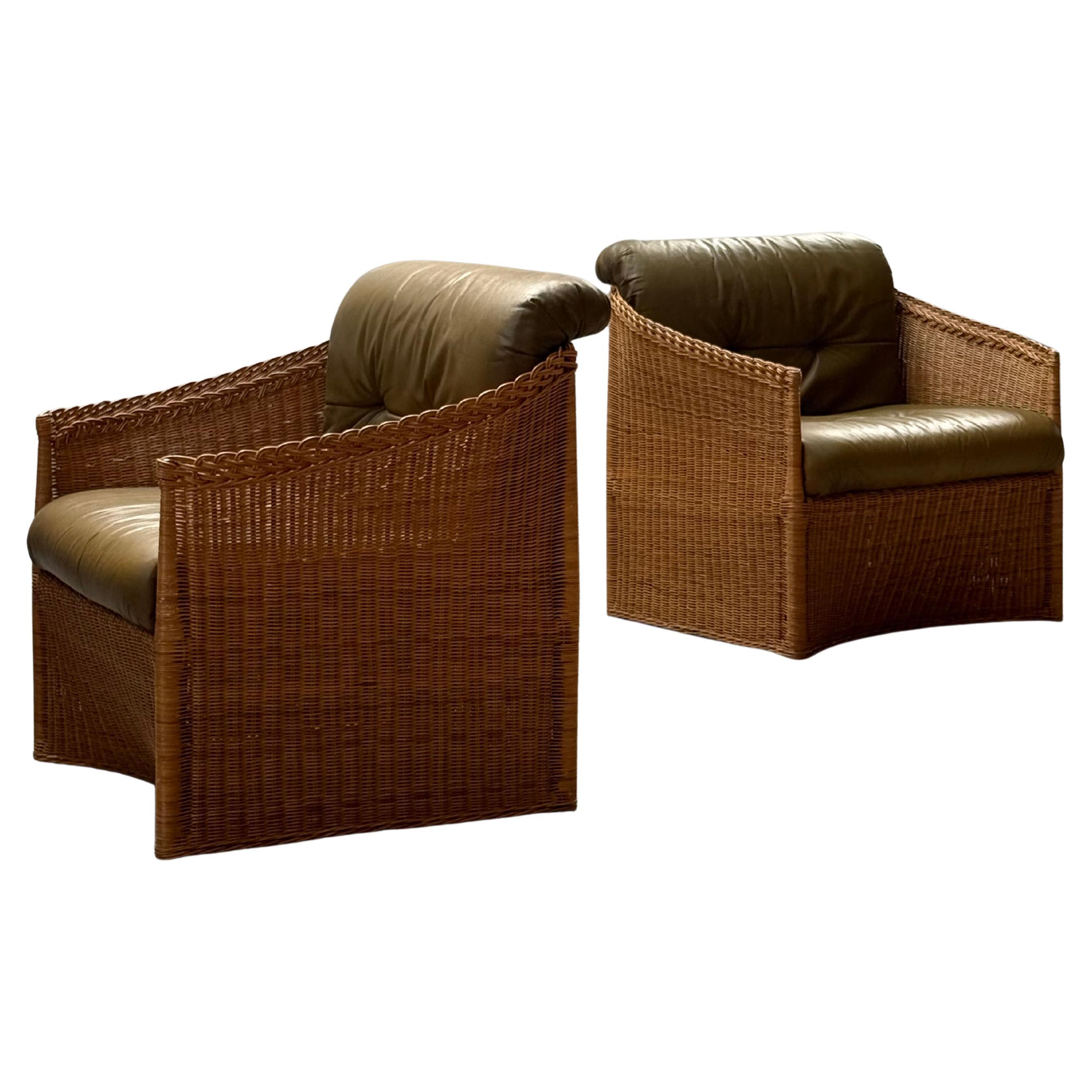 SET VON 2 RATTAN-SESSELN MIT GRÜNEN LEINDERN, FRANKREICH 1960er Jahre im Angebot