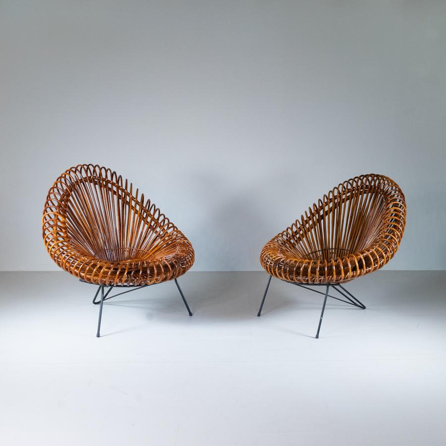 Mid-Century moderno Set di 2 poltrone in rattan di metà secolo di Janine Abraham, 1969 in vendita