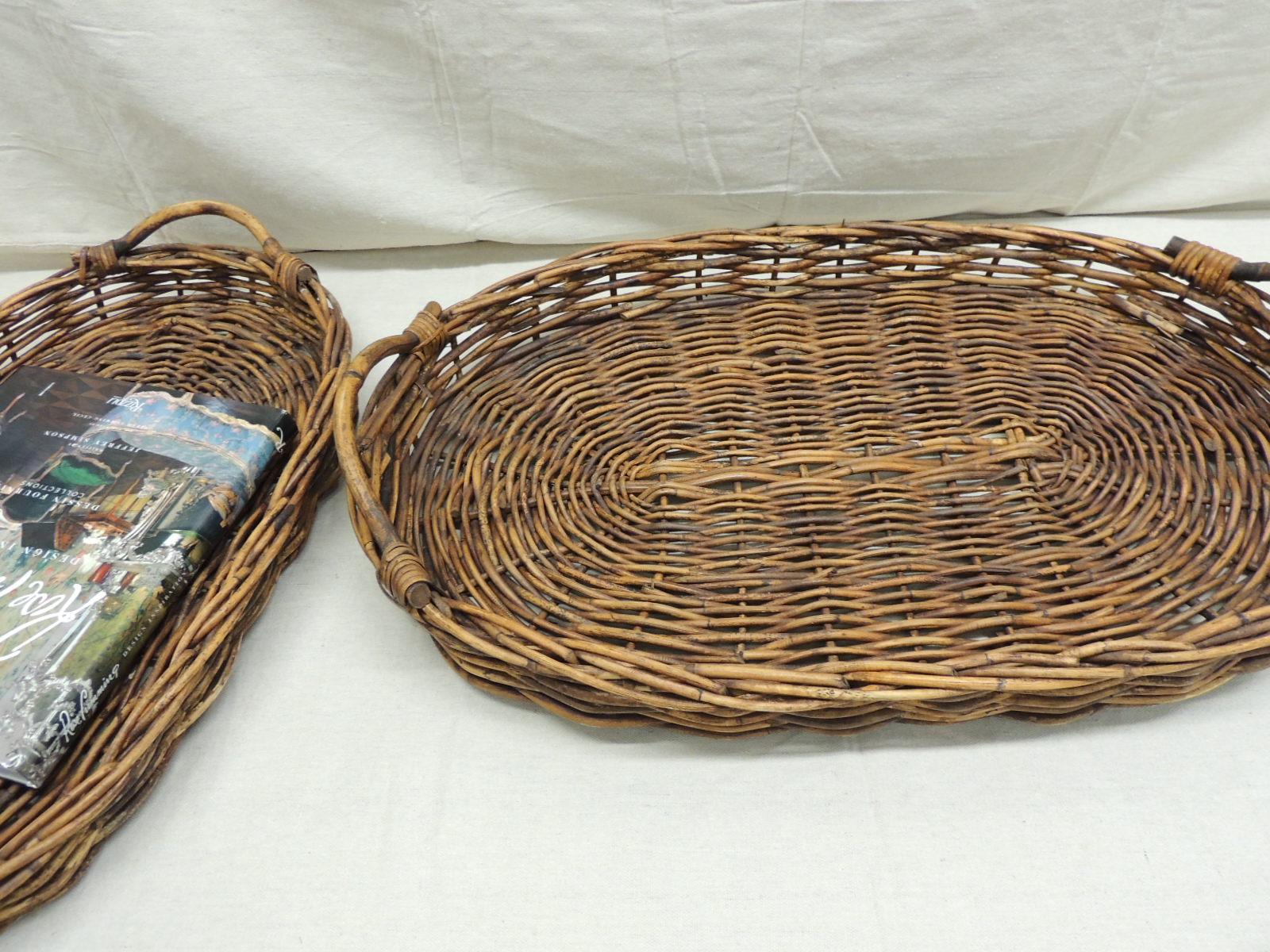 Country Set of '2' Rattan Oval Large Woven Nesting Serving Trays with Handles