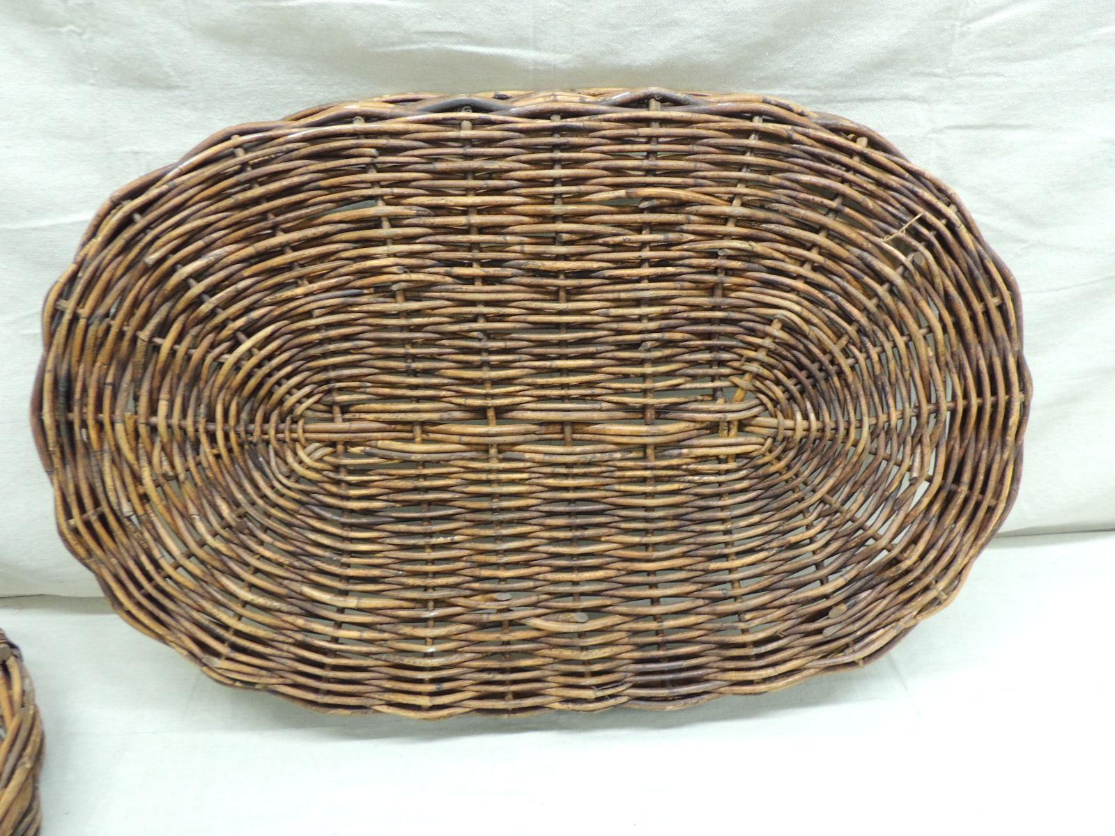 Indonesian Set of '2' Rattan Oval Large Woven Nesting Serving Trays with Handles