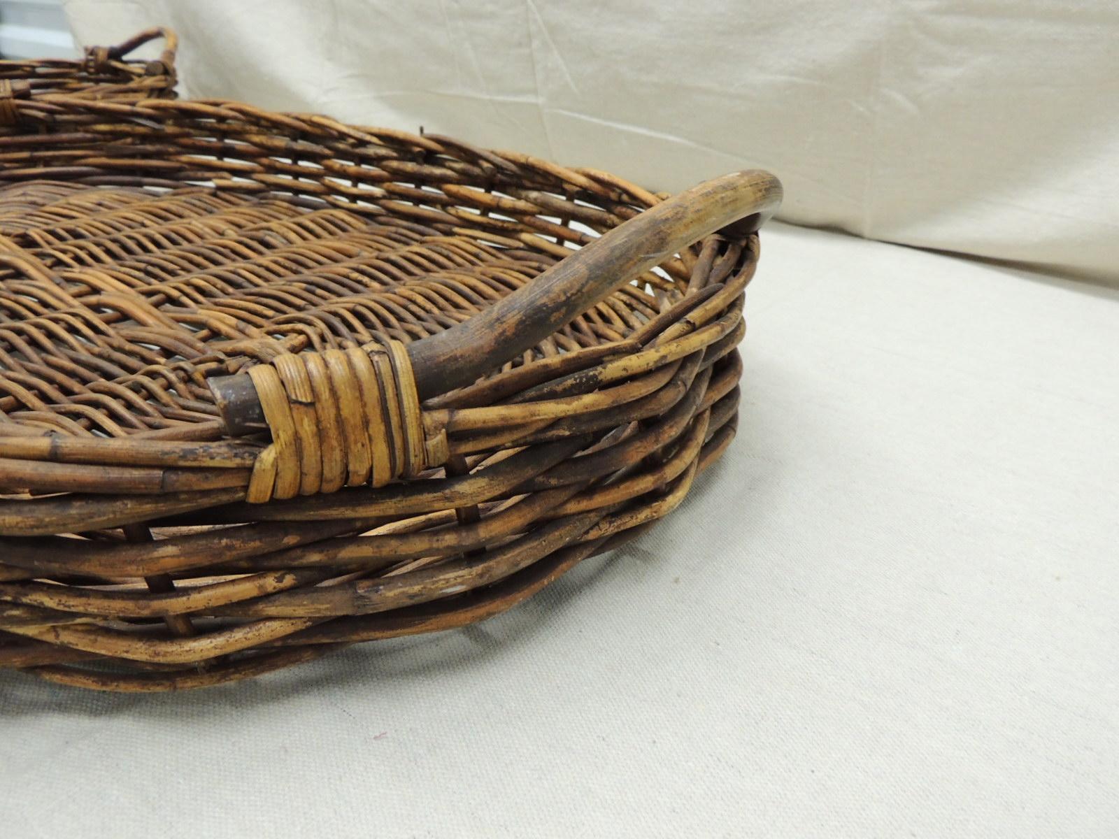 Hand-Crafted Set of '2' Rattan Oval Large Woven Nesting Serving Trays with Handles