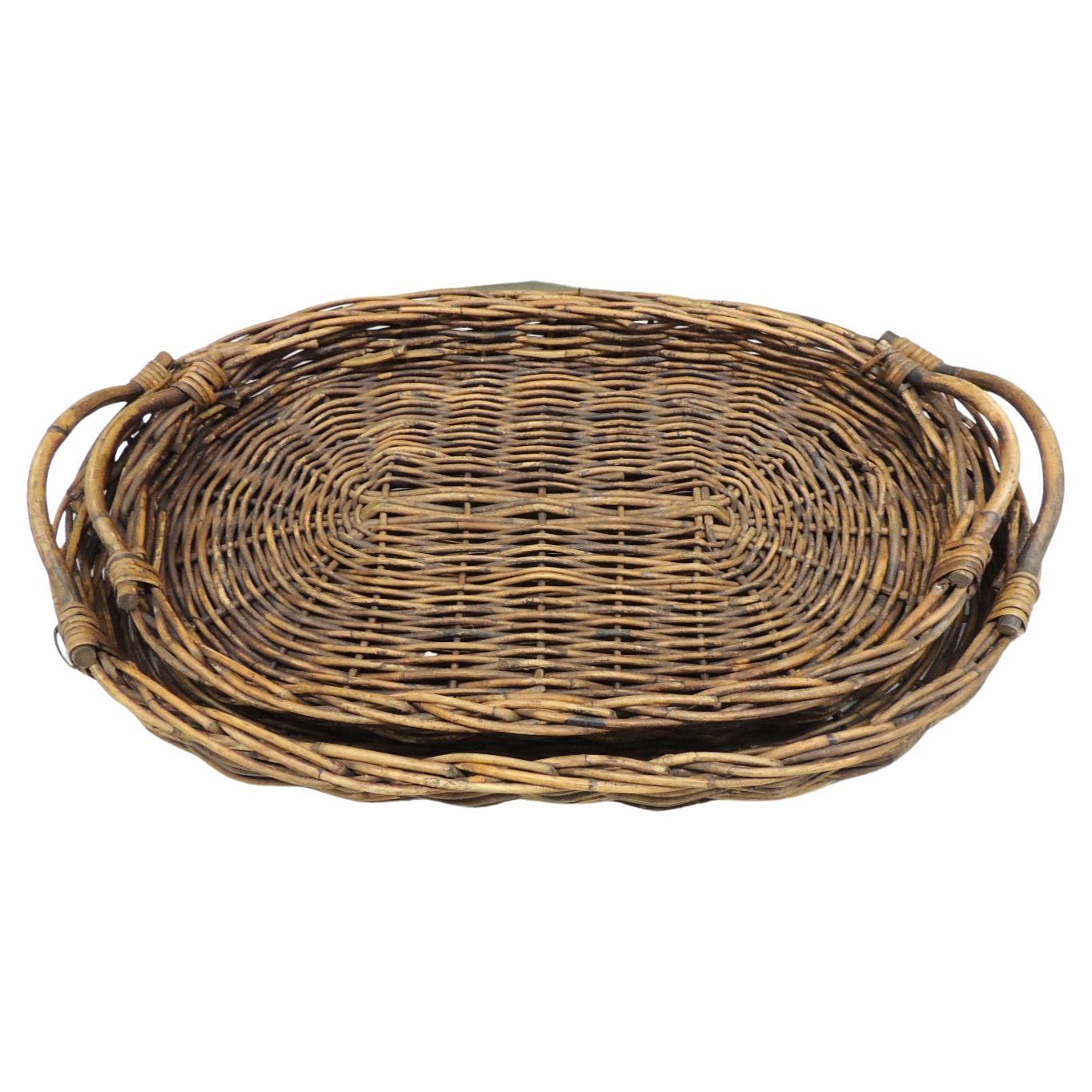 Set of '2' Rattan Oval Large Woven Nesting Serving Trays with Handles