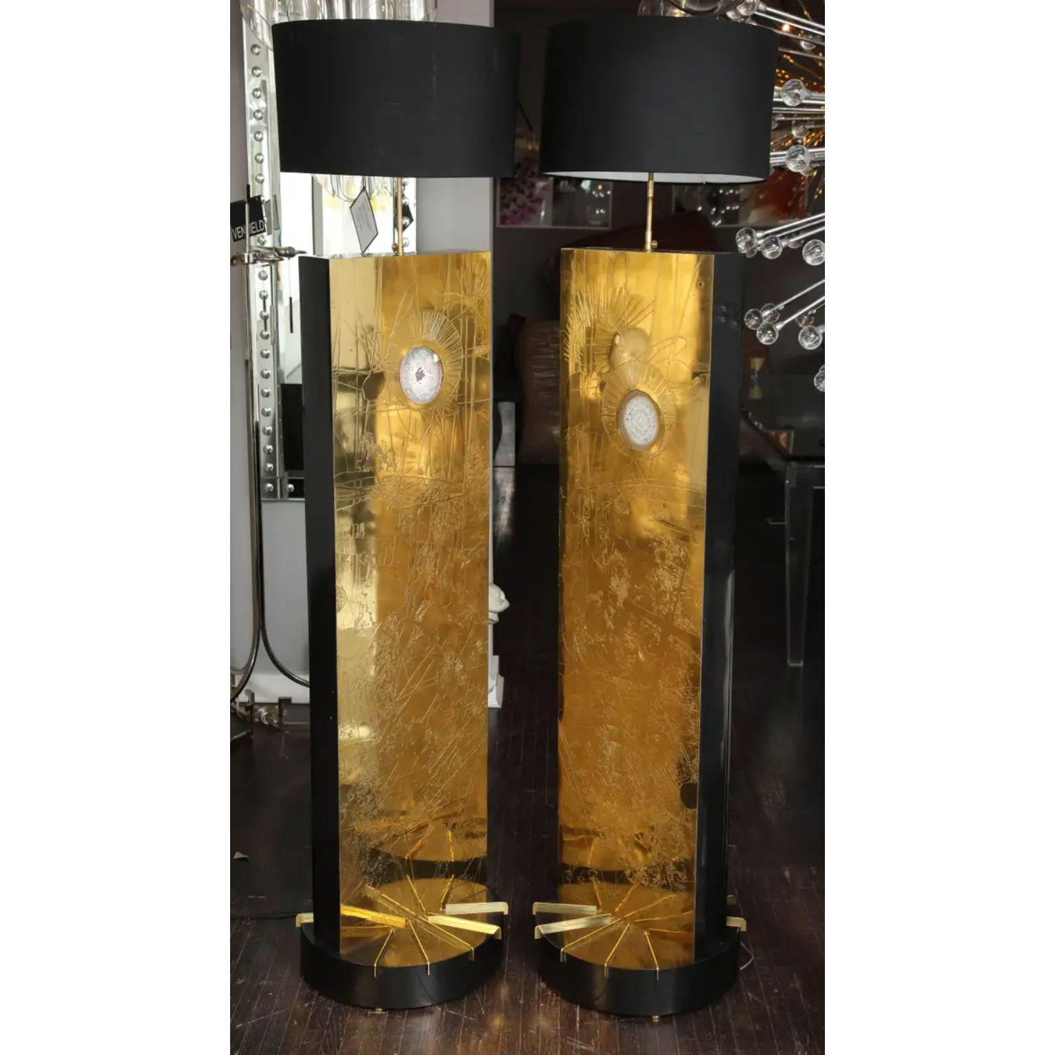 Set Of 2 Rectangle Base Brass Floor Lamps by Brutalist Be
One Of A Kind.
Dimensions: D 23 x W 20 x H 175 cm.
Materials: Brass and agate stone.

Brass acid etched with a luxurious shiny finish with agate stone inlay, a stunning floor lamp with black